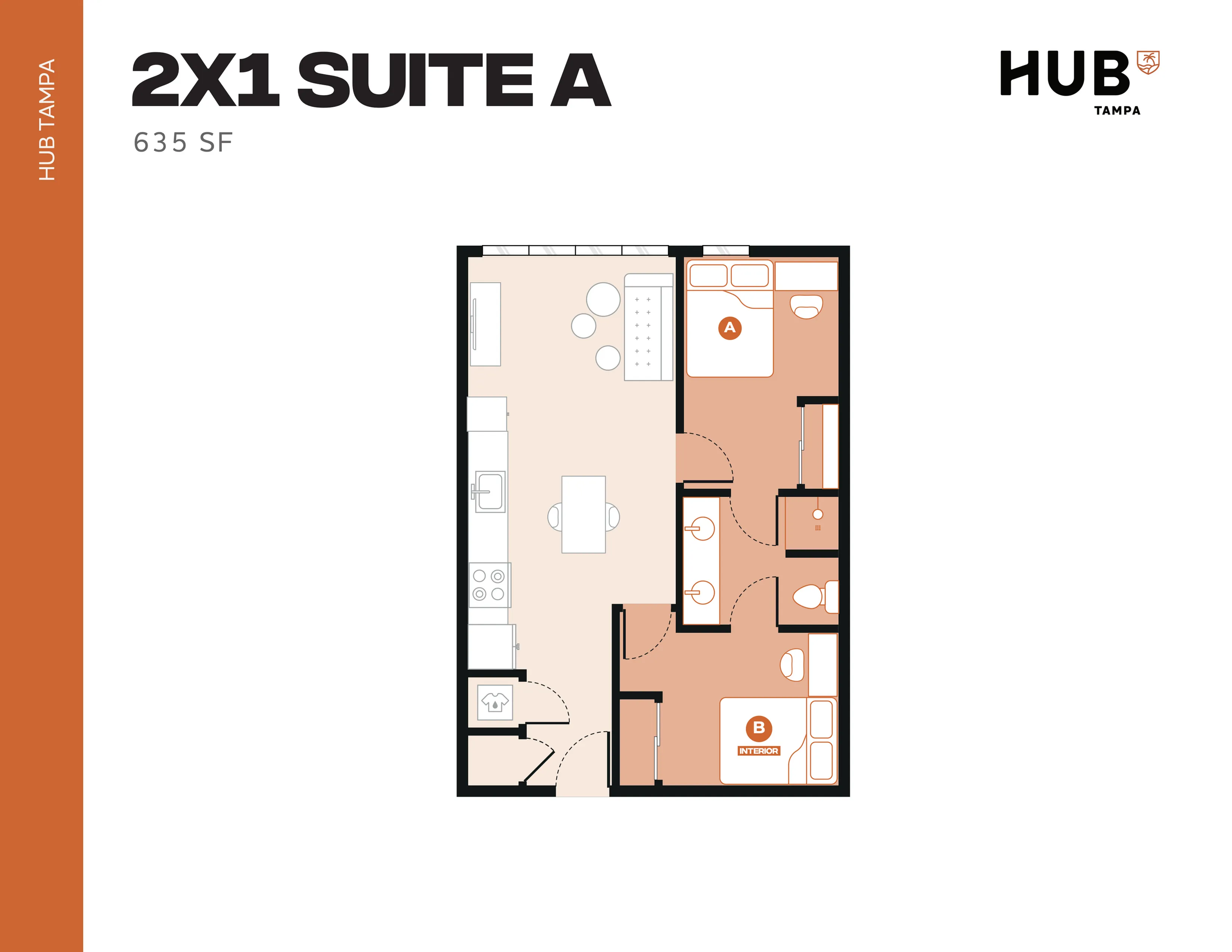 Modern floor plan of Suite A at Hub Tampa featuring two bedrooms, spacious open-concept kitchen and living area, and contemporary bathroom design, totaling 635 square feet.