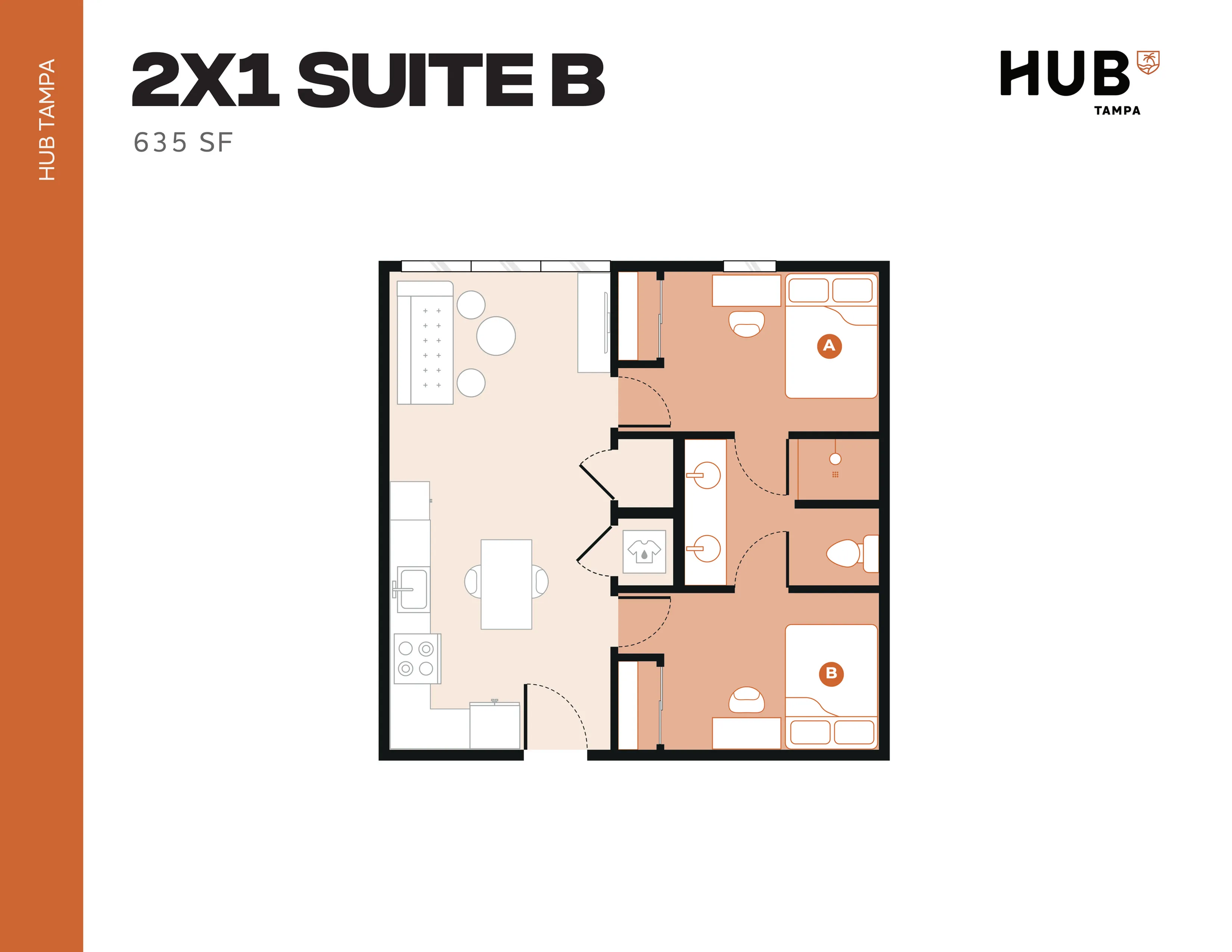 Modern 2X1 Suite B floor plan at HUB Tampa, featuring 2 cozy bedrooms, functional kitchen and stylish living area, 635 sq ft.