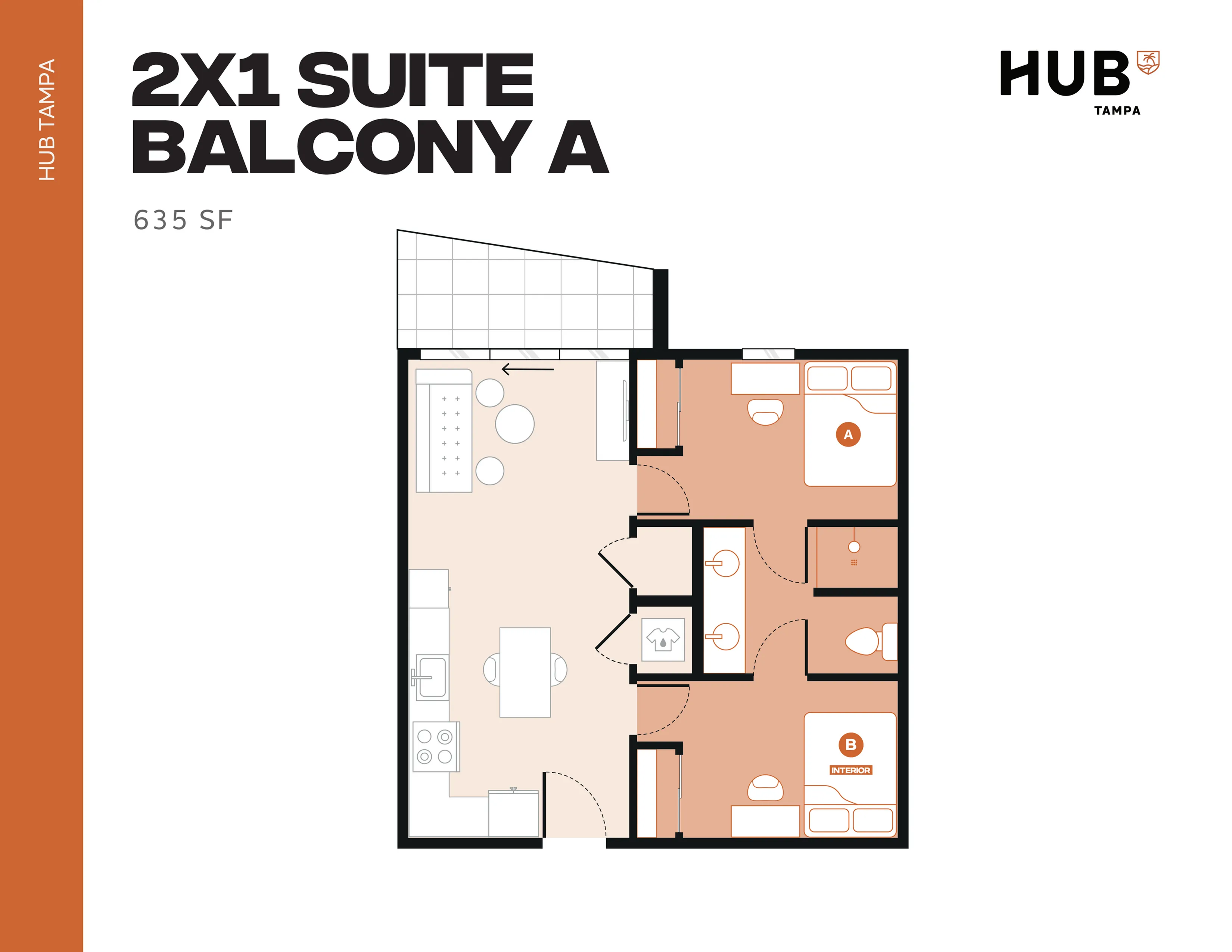 Modern 2x1 suite floor plan in Hub Tampa, featuring 2 cozy bedrooms, a stylish kitchen, and a spacious balcony, covering 635 square feet.