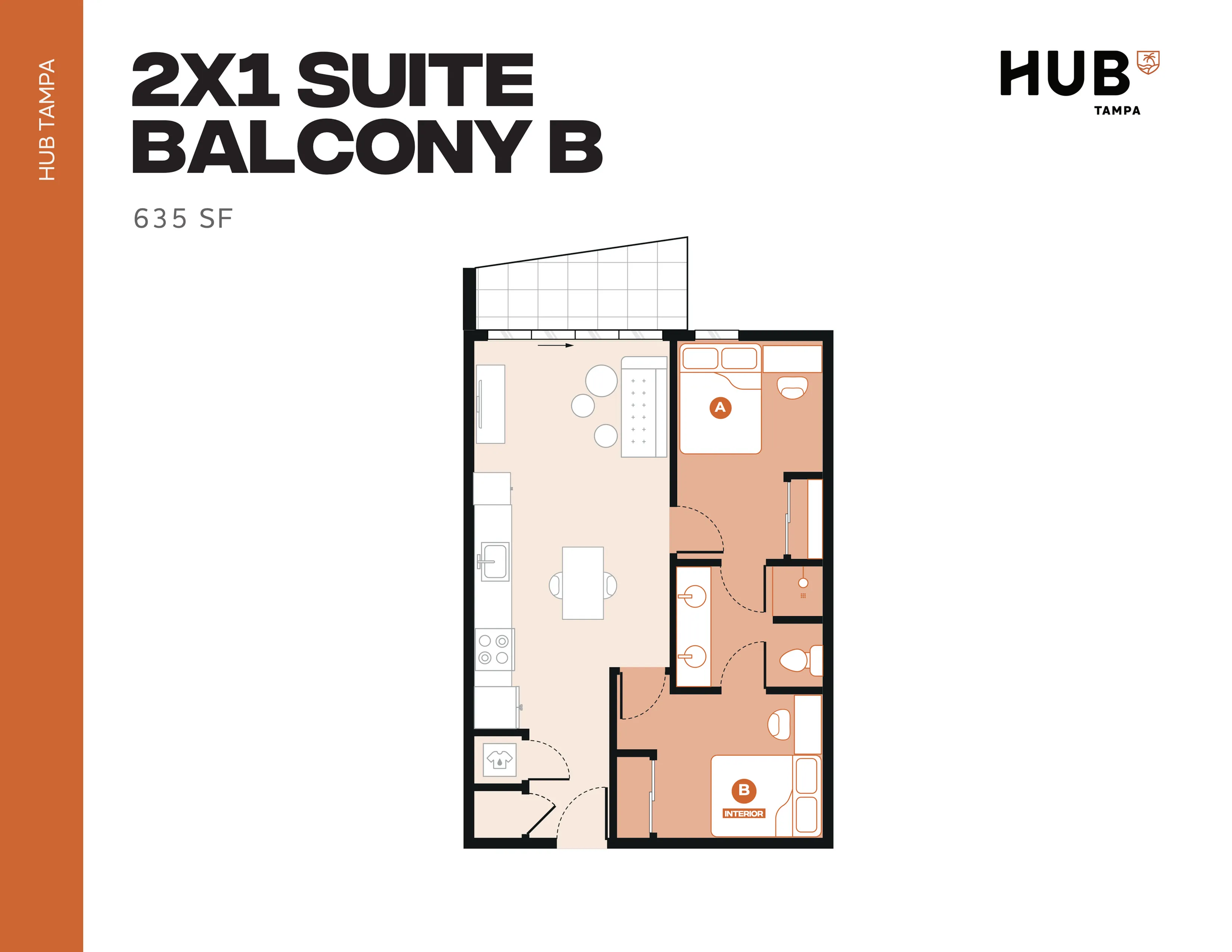 Innovative 2x1 suite with a balcony, showcasing 635 sq ft. Features two cozy bedrooms, a sleek modern kitchen, and an inviting living area, ideal for stylish urban living in Tampa.