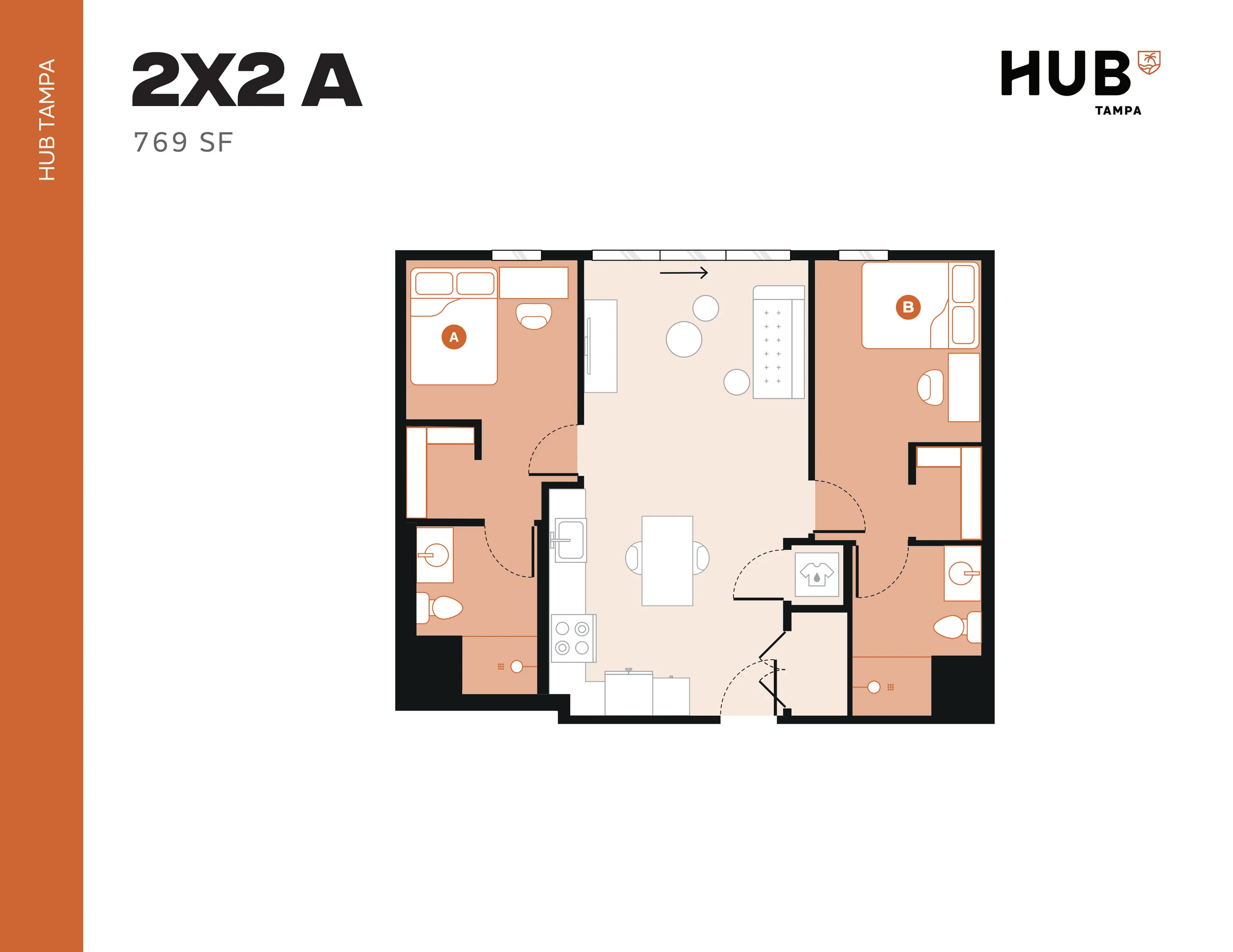 Modern 2D floor plan of a 769 sq ft apartment at Hub Tampa, featuring 2 bedrooms, 2 bathrooms, and a stylish open-concept living area.