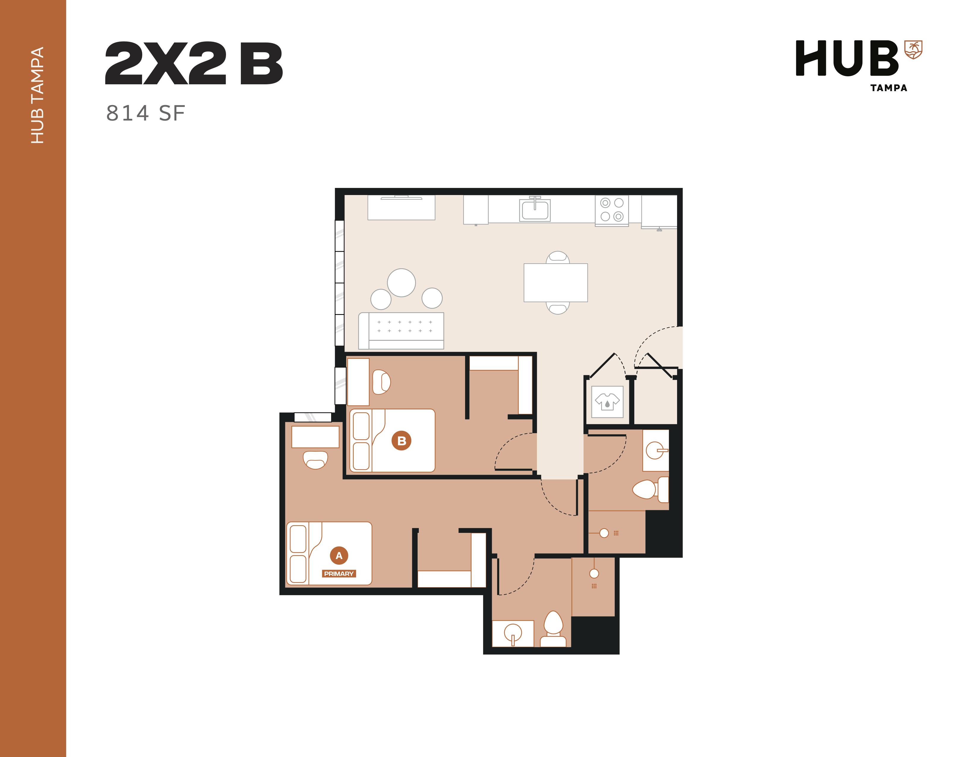 Modern 2-bedroom, 2-bathroom floor plan at HUB Tampa, 814 sq ft, featuring an open-concept kitchen and cozy living area.