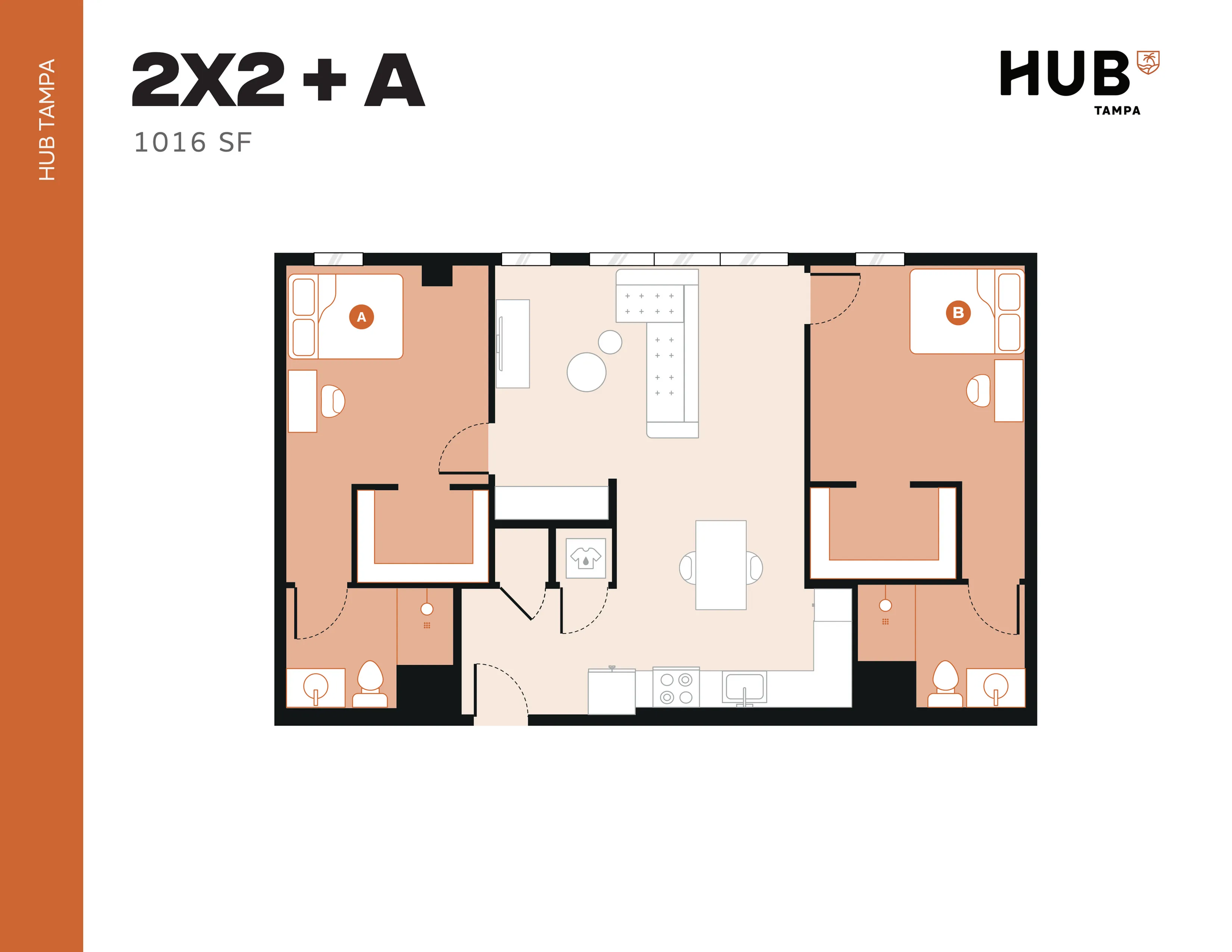 Modern 2X2 + A floor plan at Hub Tampa featuring sleek open-concept living and two spacious bedrooms, spanning 1016 sq ft.