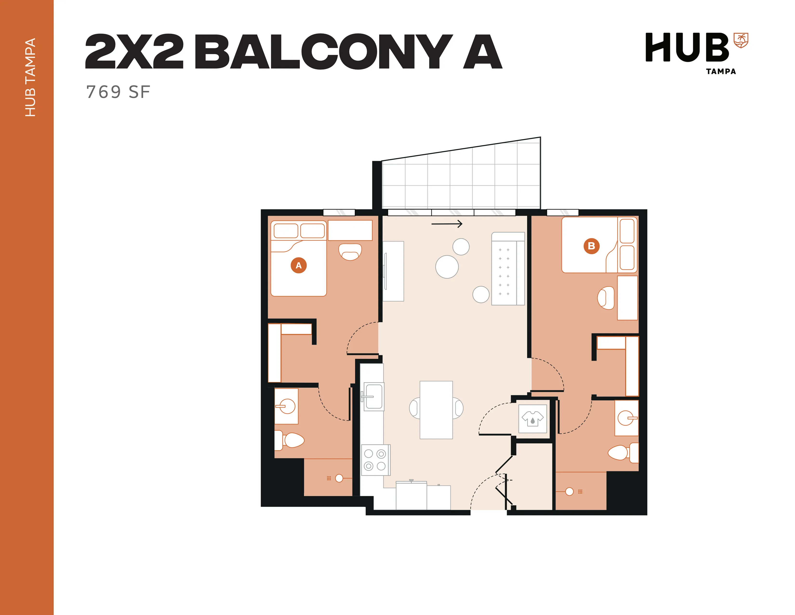 Modern 2x2 apartment floor plan at HUB Tampa featuring two bedrooms, two bathrooms, a spacious living area, and a balcony, covering 769 square feet.