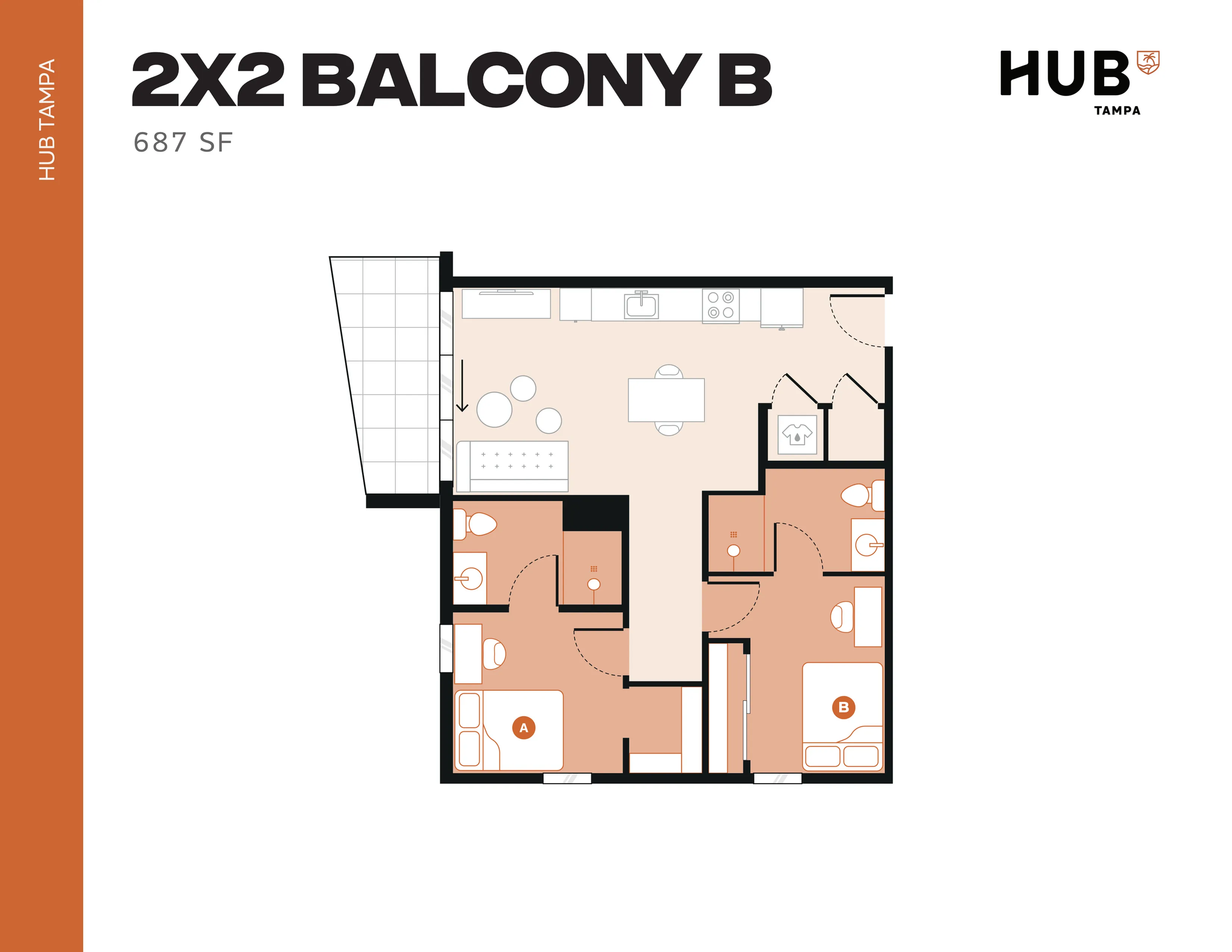 Modern floor plan for 2X2 Balcony B at HUB Tampa, showcasing two bedrooms, two bathrooms, an open-concept living and dining area, and a spacious balcony, covering 687 square feet.