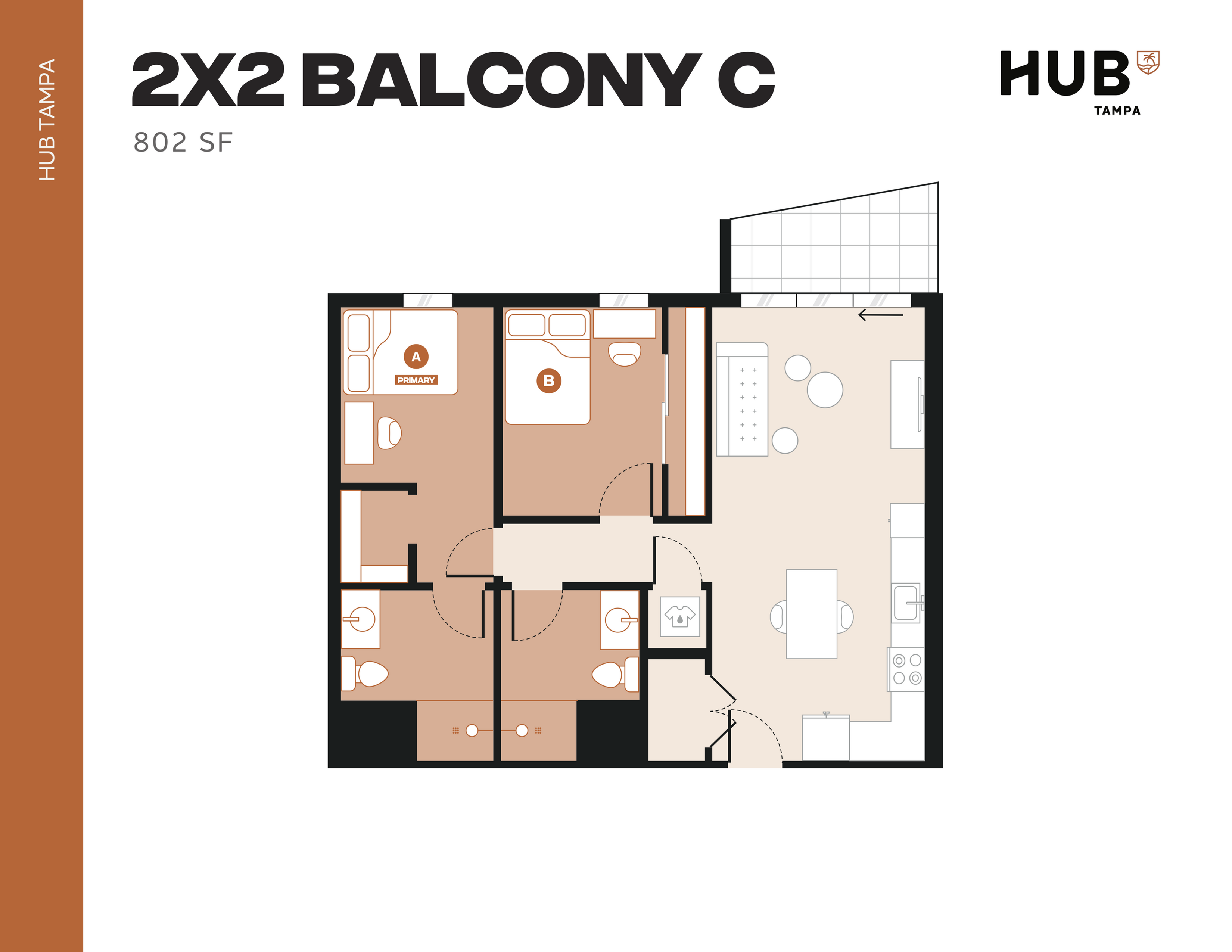 Modern 2x2 floor plan at Hub Tampa featuring two cozy bedrooms, a spacious living area, and a sleek kitchen, complete with a private balcony and 802 sq ft of stylish living space.
