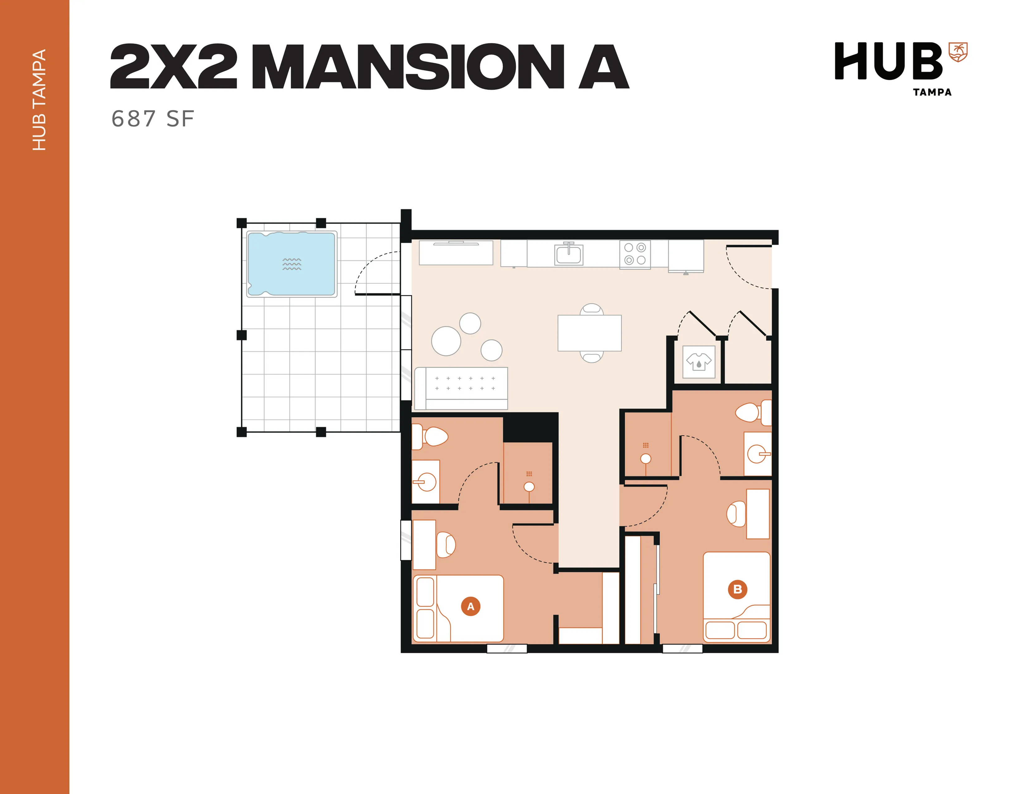 Modern 2D floor plan of 2x2 Mansion A at Hub Tampa, featuring 2 bedrooms, an open living space, contemporary kitchen, and outdoor patio, 687 sq ft.