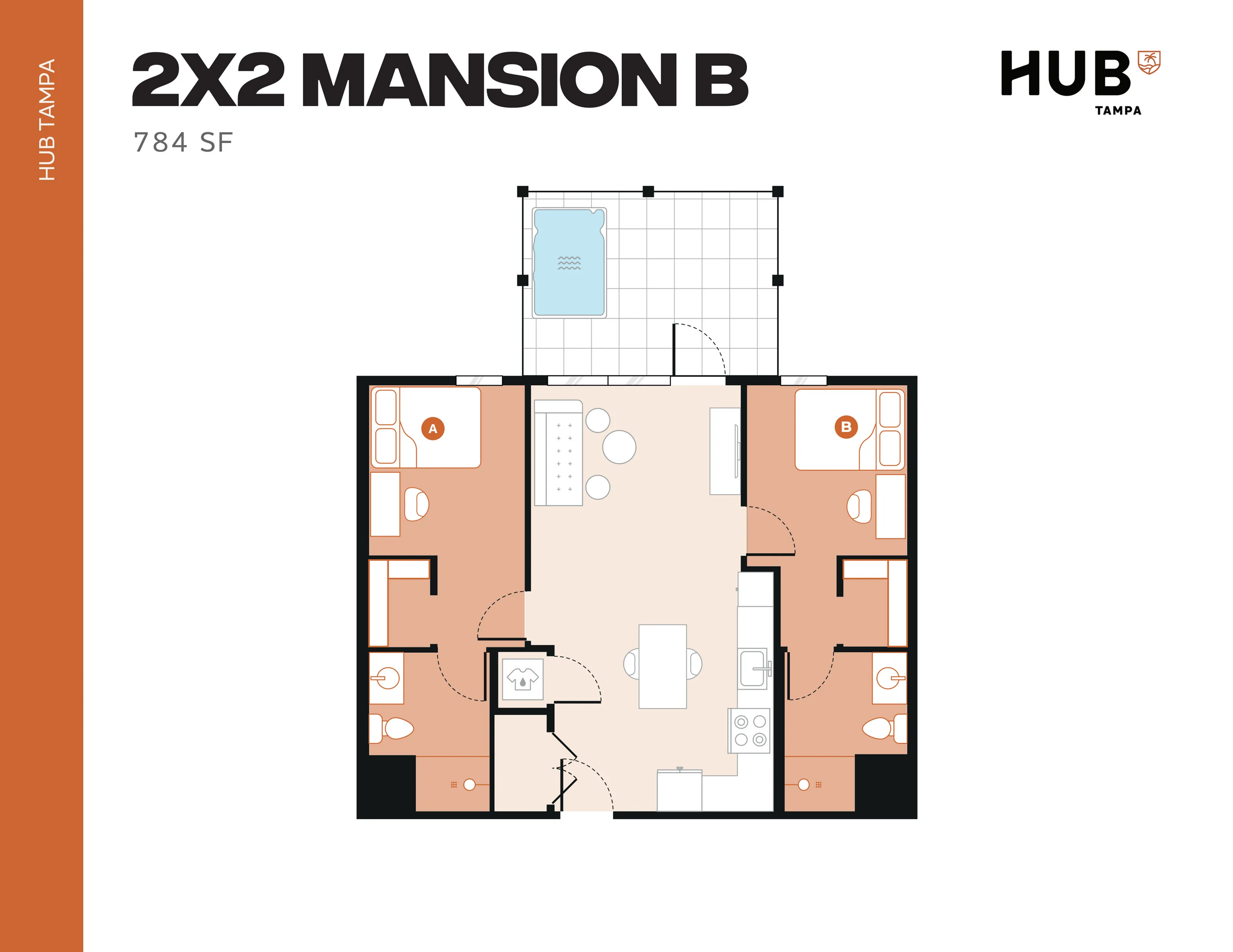 Inviting 2X2 Mansion B floor plan featuring 2 bedrooms, modern kitchen, open living area, and balcony, totaling 784 sq ft at Hub Tampa.