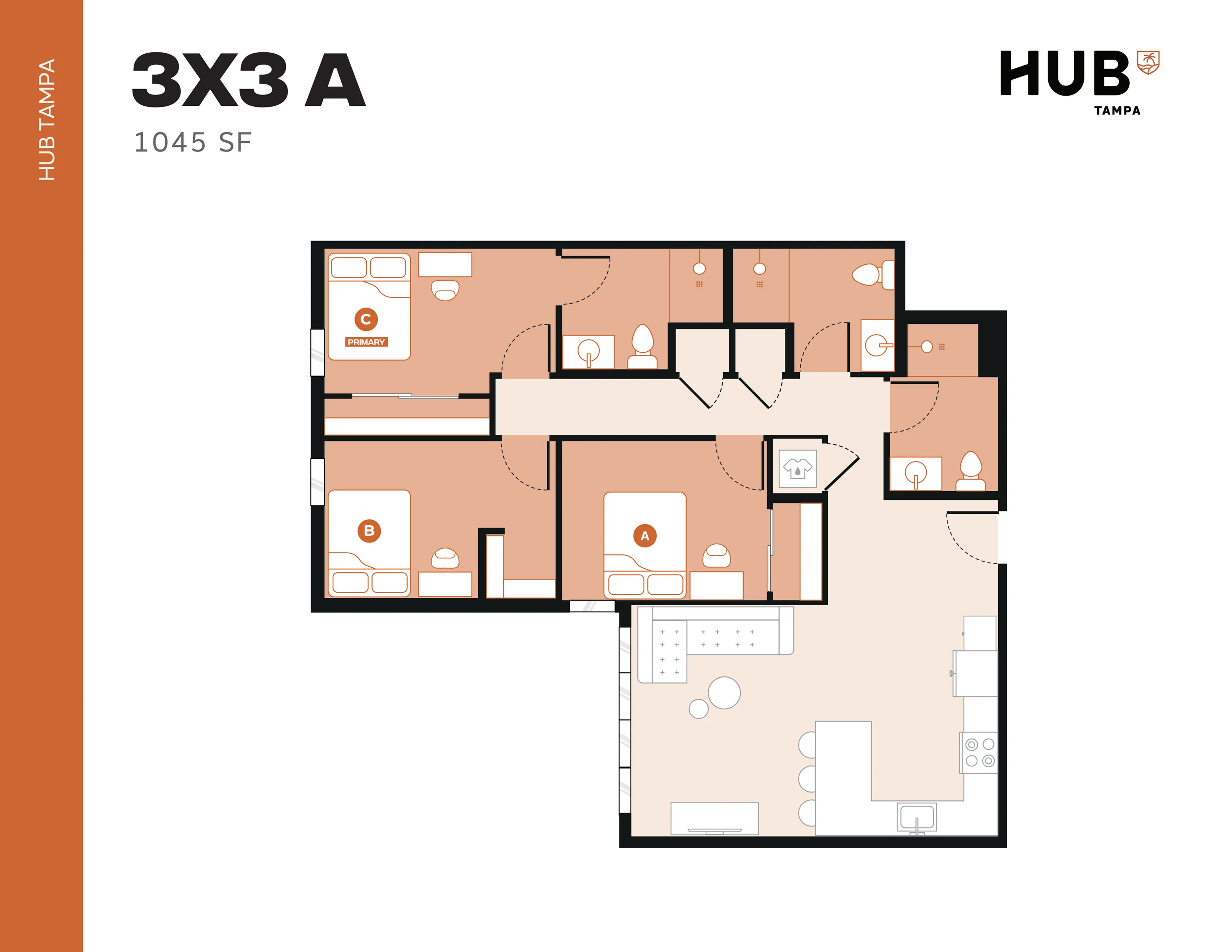 Modern 3-bedroom, 3-bathroom floor plan at HUB Tampa, 1045 sq ft, featuring open-concept living area and contemporary kitchen.