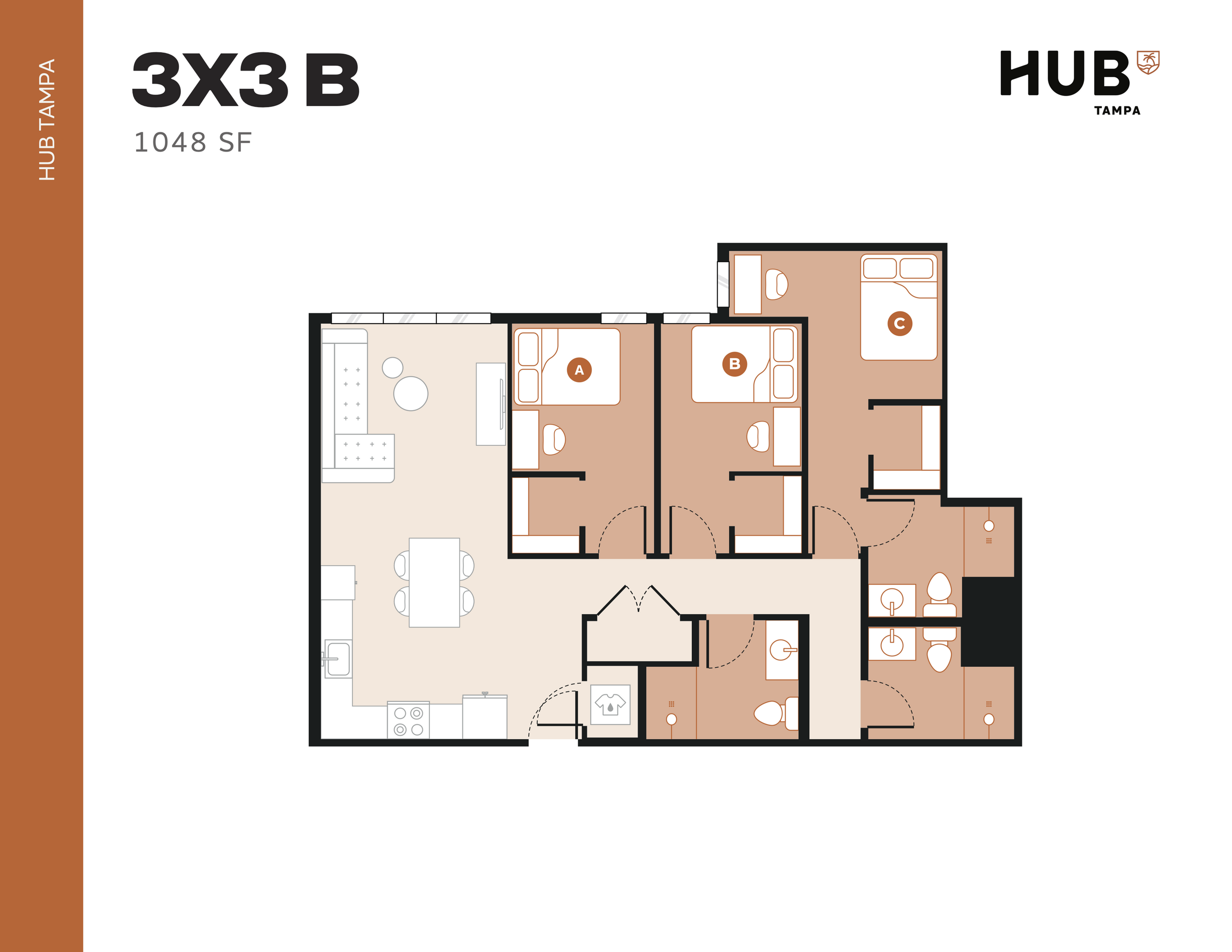 Modern 3x3 floor plan at Hub Tampa, featuring spacious living area, three bedrooms, and elegant kitchen, spanning 1048 sq ft.