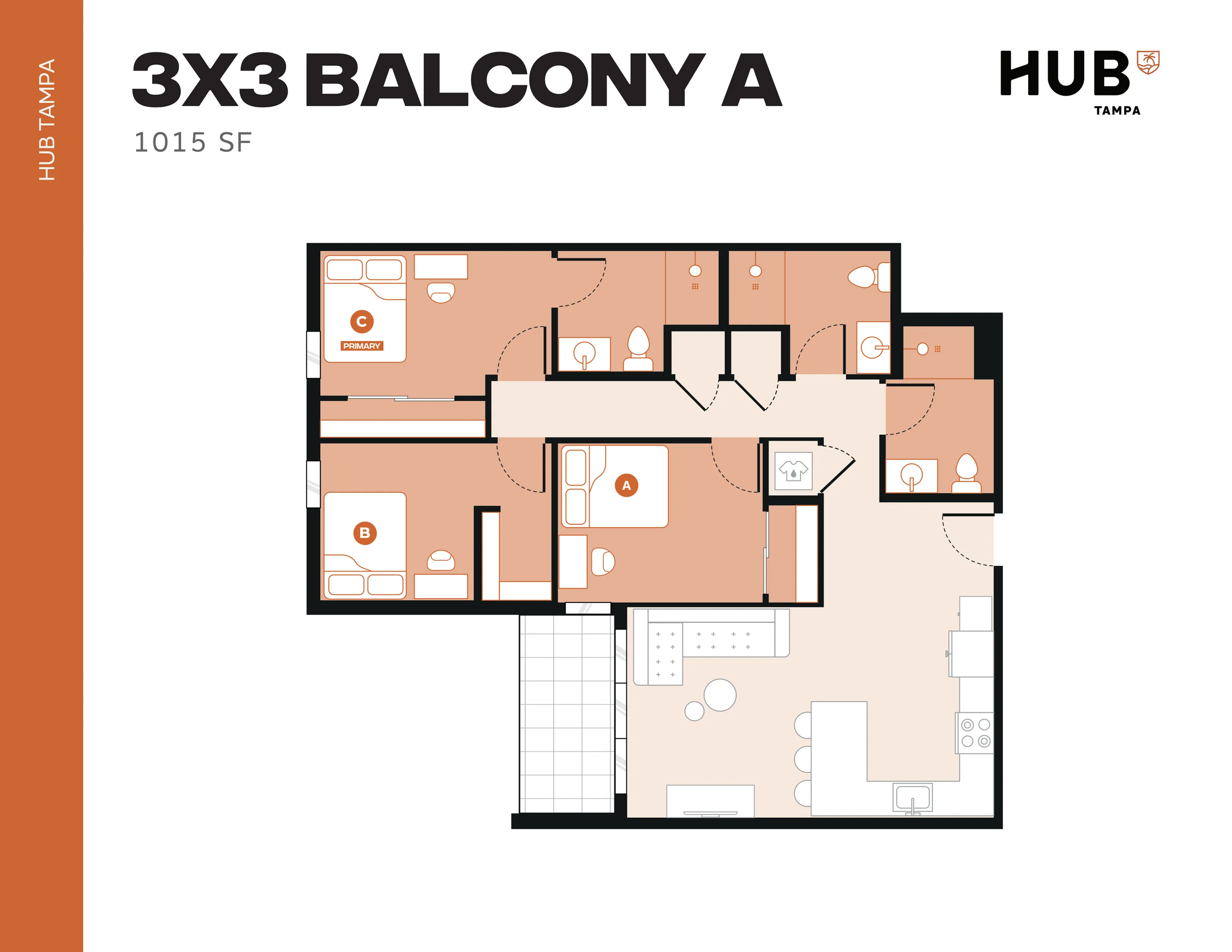 Spacious 3-bedroom floor plan with balcony, featuring modern amenities and open-concept living area at HUB Tampa, 1015 sq ft.