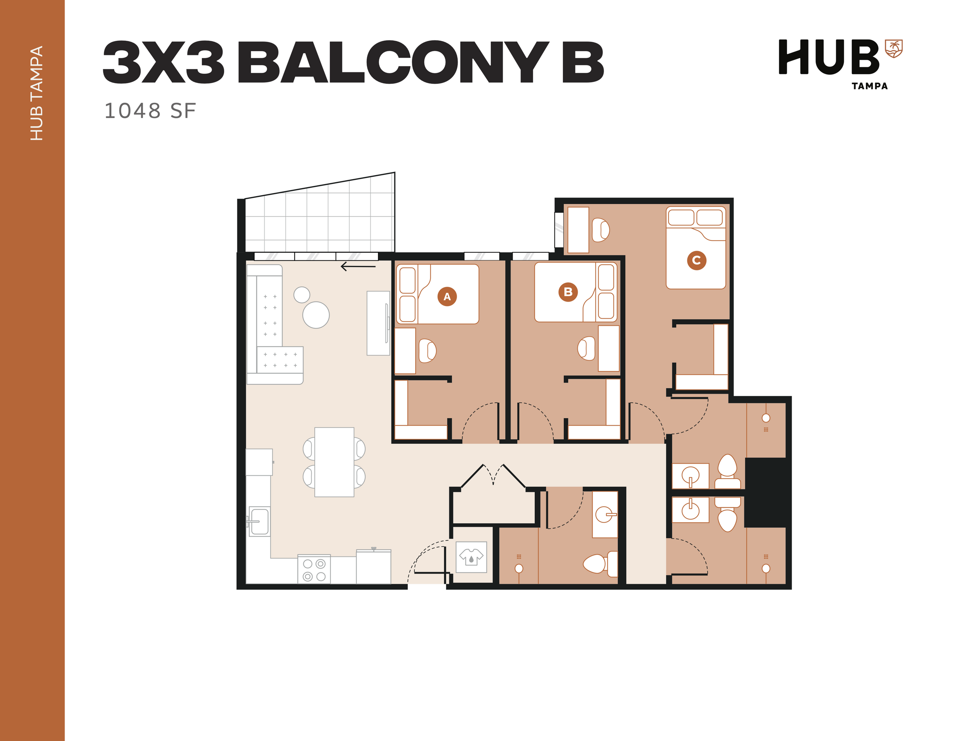 Modern 3-bedroom floor plan with private balcony, open-concept living area, and dedicated bathrooms for each room, 1048 sq ft.