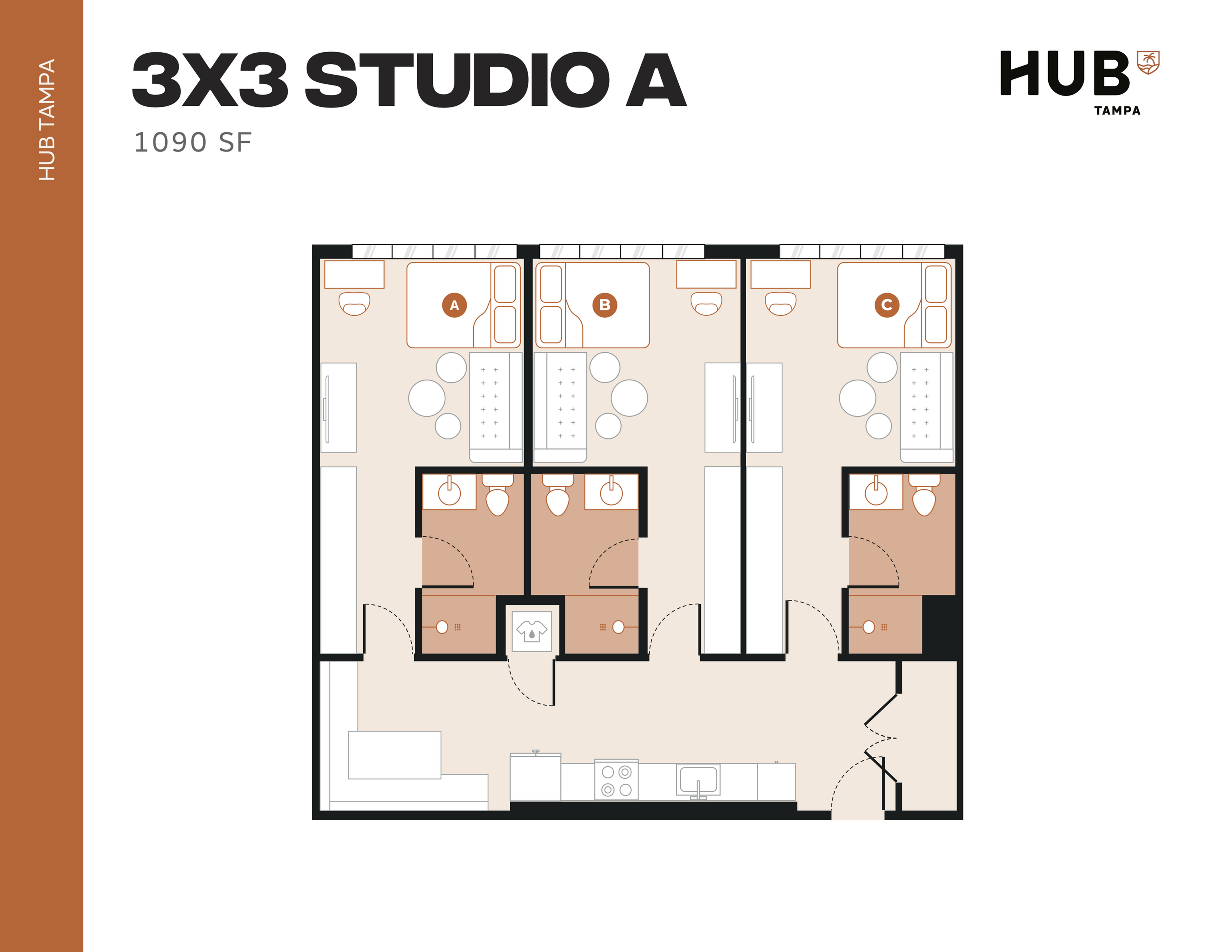 Contemporary 3x3 studio floor plan at HUB Tampa, showcasing three spacious bedrooms and well-appointed amenities within 1090 square feet.