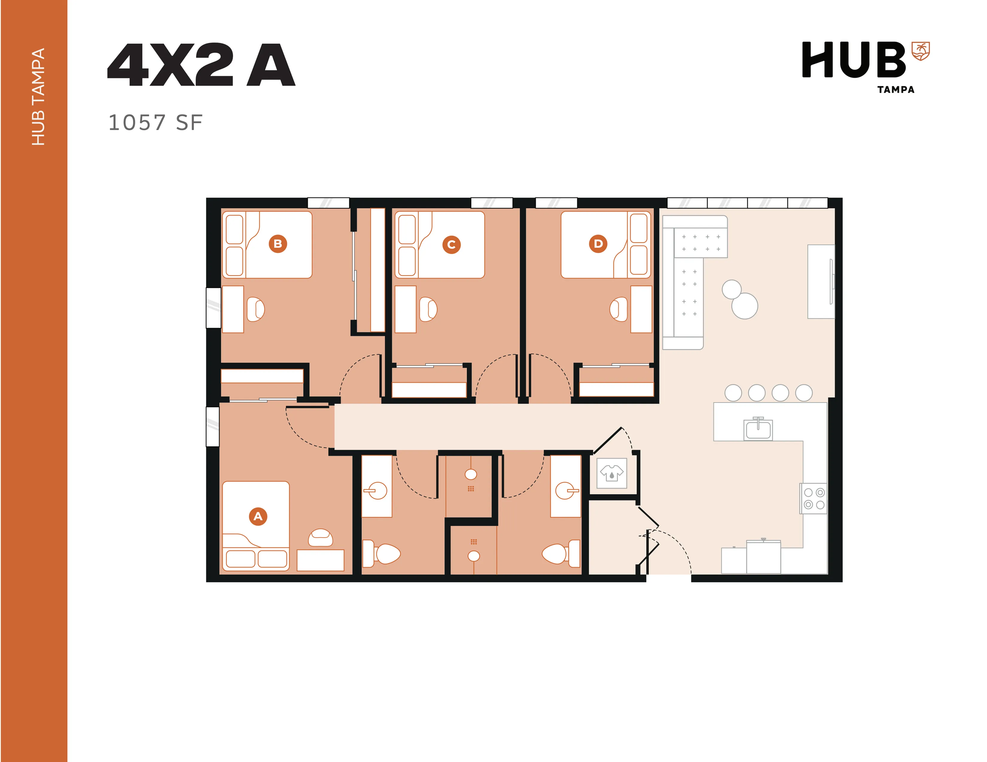 Modern 4-bedroom apartment floor plan with spacious kitchen and living area, 1057 sq ft at Hub Tampa.