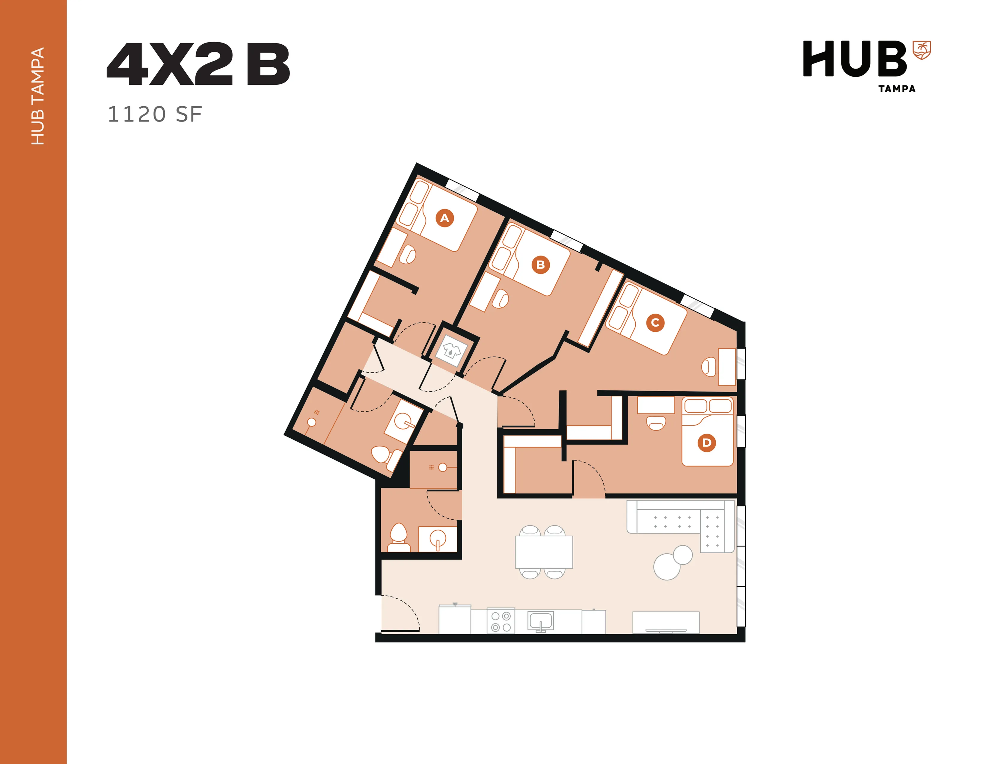 Contemporary 4-bedroom floor plan with spacious living area and modern kitchen, boasting 1120 sq ft in Hub Tampa.