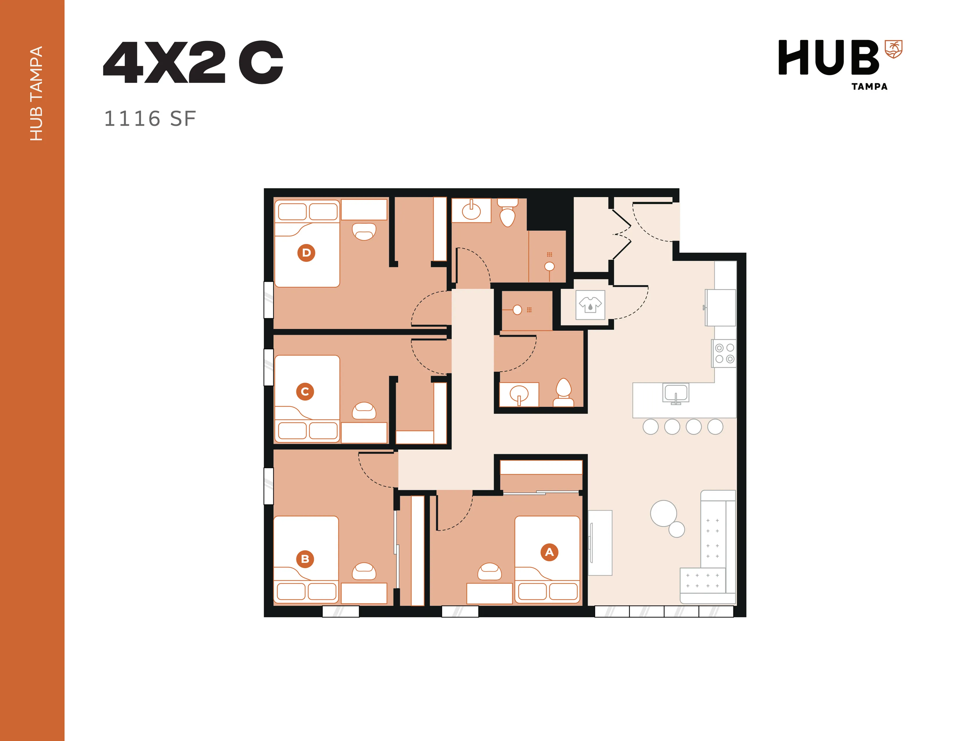 Modern 4-bedroom apartment floor plan at HUB Tampa, featuring an open-concept kitchen, cozy living area, and efficient layout within 1116 sq ft.