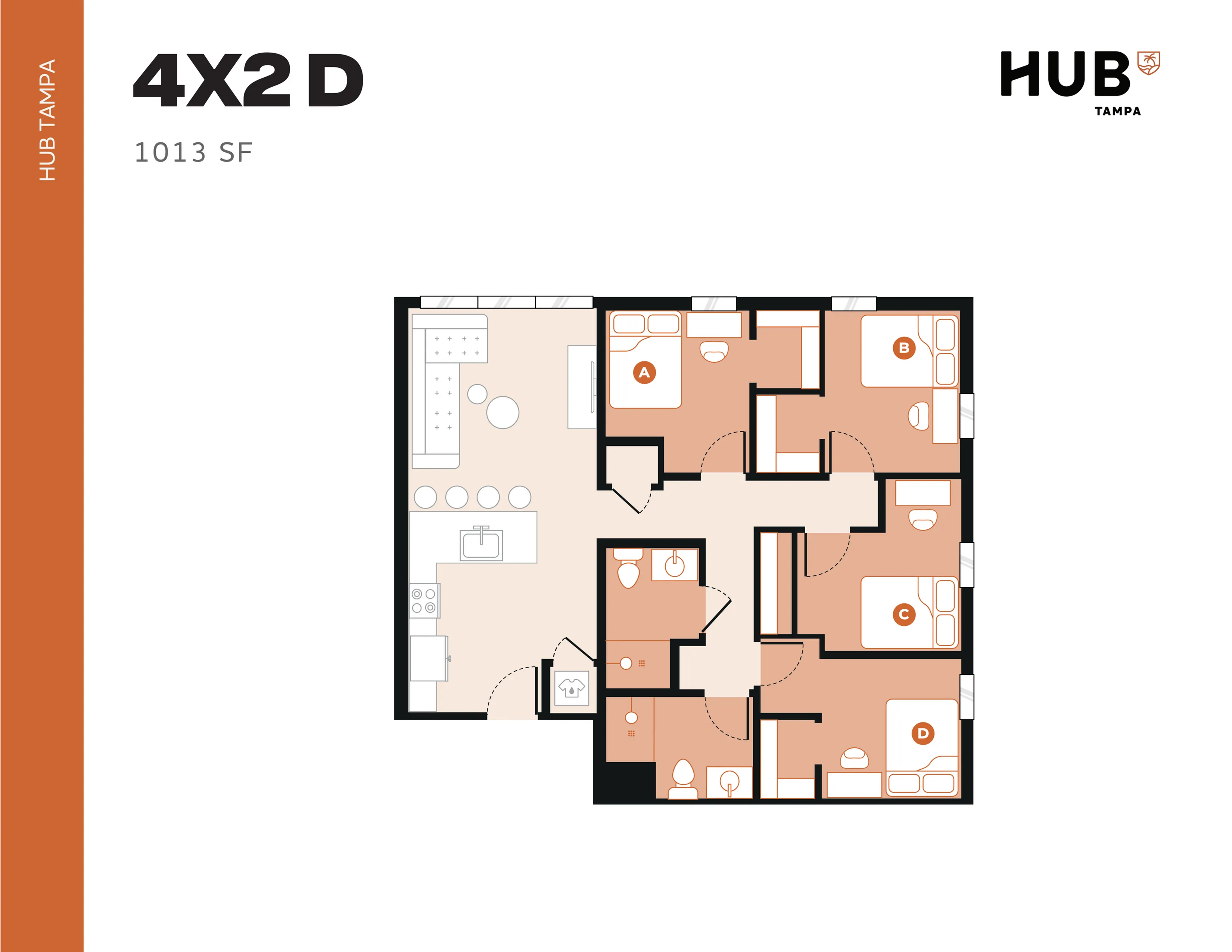 Contemporary 4-bedroom, 2-bathroom apartment floor plan at HUB Tampa, 1013 sq ft, featuring an open living area and well-organized layout.