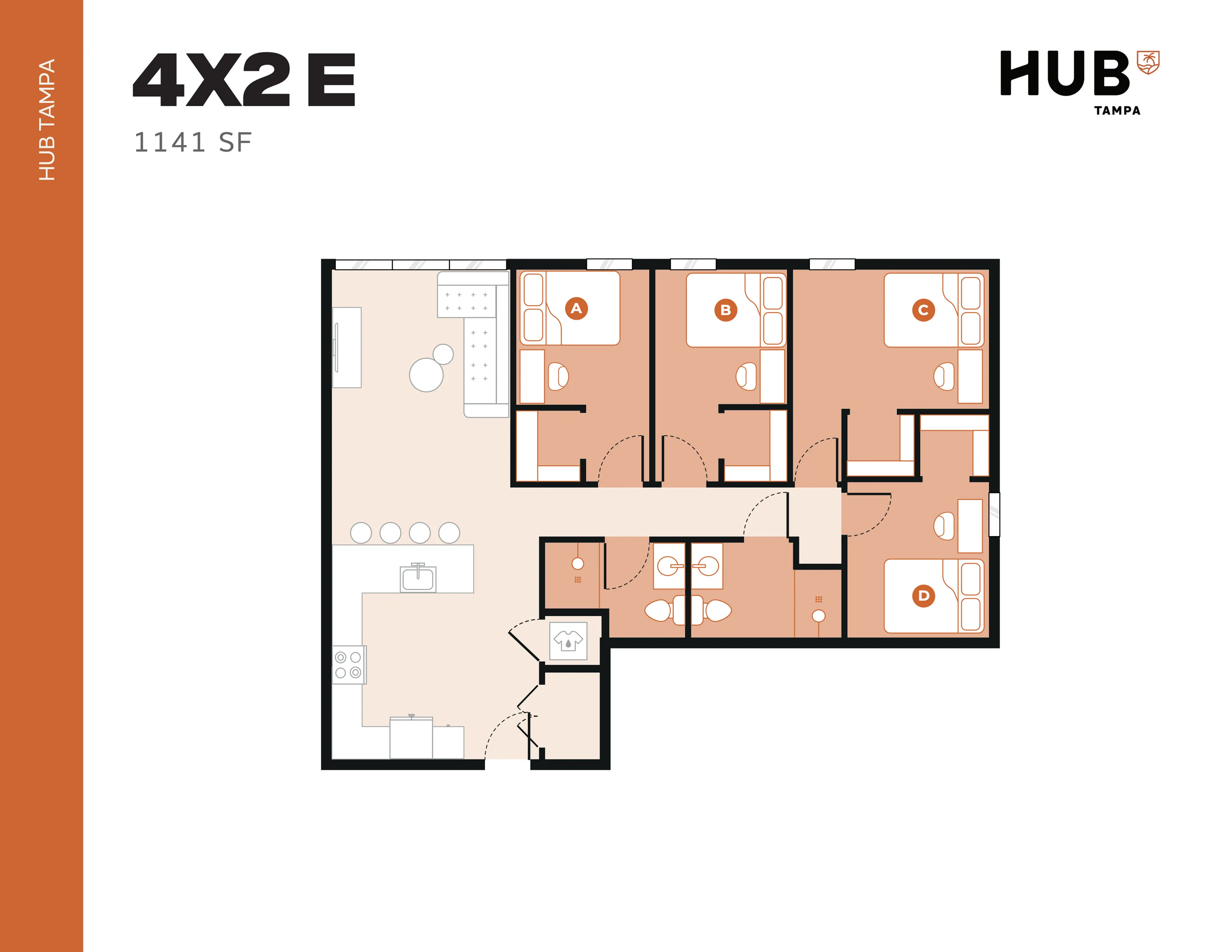 The HUB Tampa 4X2E floor plan offers 1141 sq ft of modern living space with 4 bedrooms, 2 bathrooms, an open-concept kitchen, and a cozy living area.