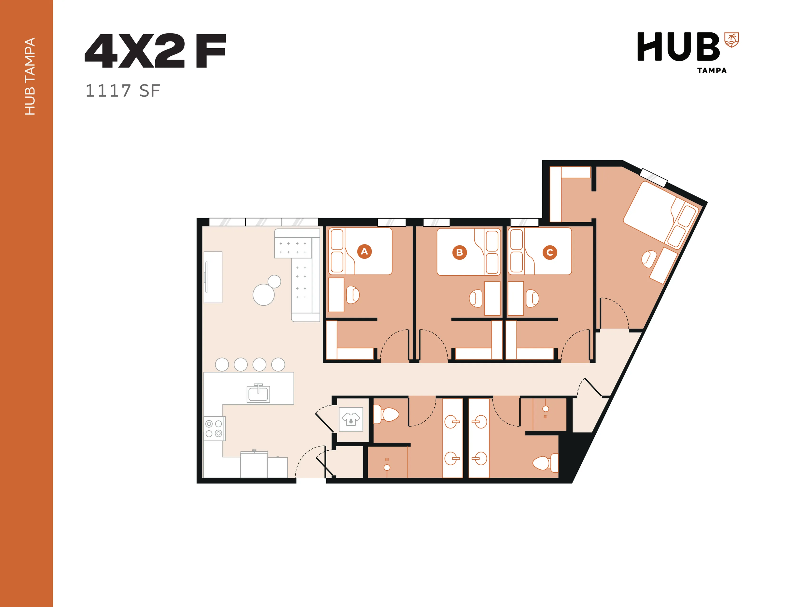 Modern 4-bedroom floor plan with open living space and functional kitchen at Hub Tampa, 1117 sq ft.