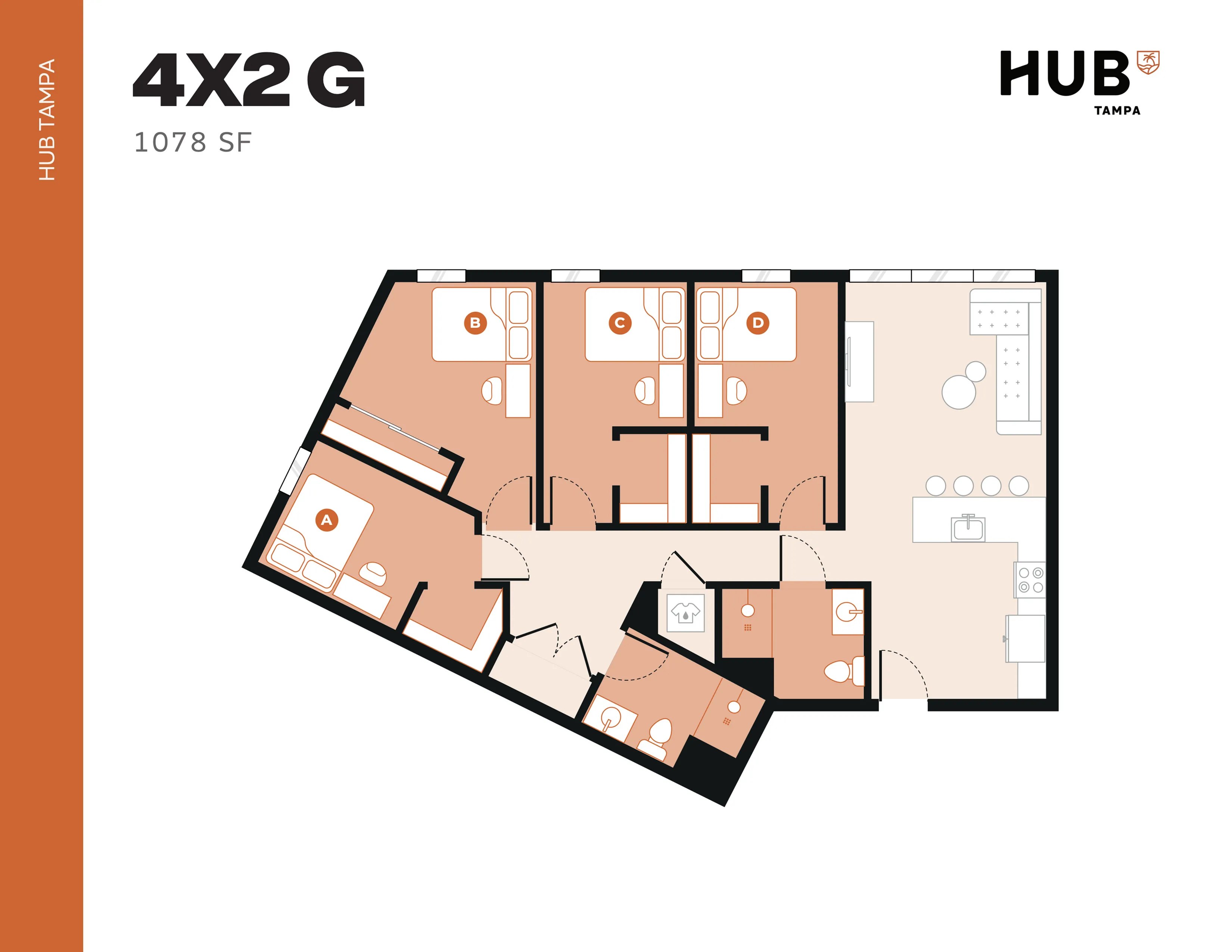 Modern floor plan of HUB Tampa showcasing 4 bedrooms, 2 bathrooms, open kitchen, and cozy living space, 1078 sq ft.