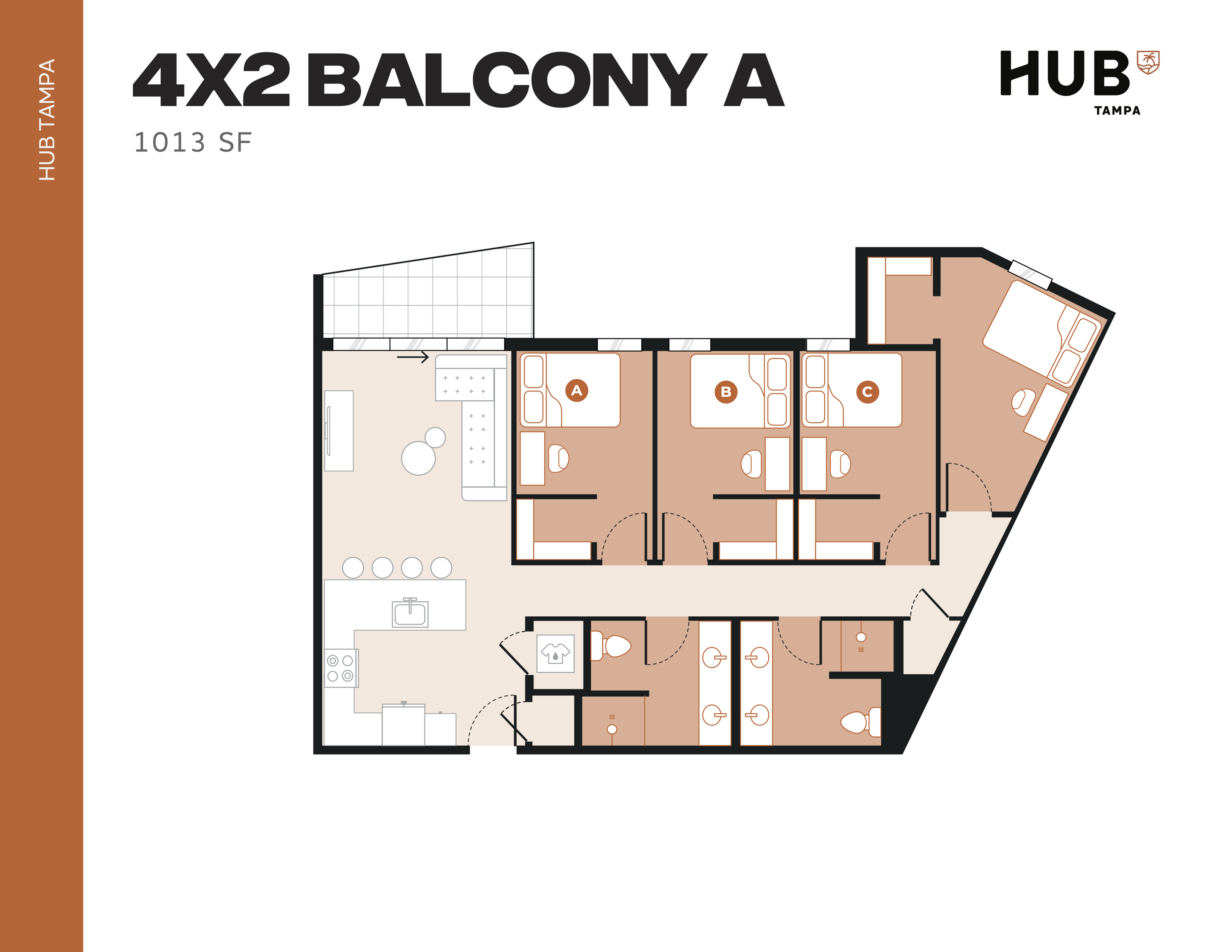 Modern 4-bedroom, 2-bathroom floor plan with spacious balcony at HUB Tampa, offering a stylish kitchen and comfortable living area, totaling 1013 sq ft.