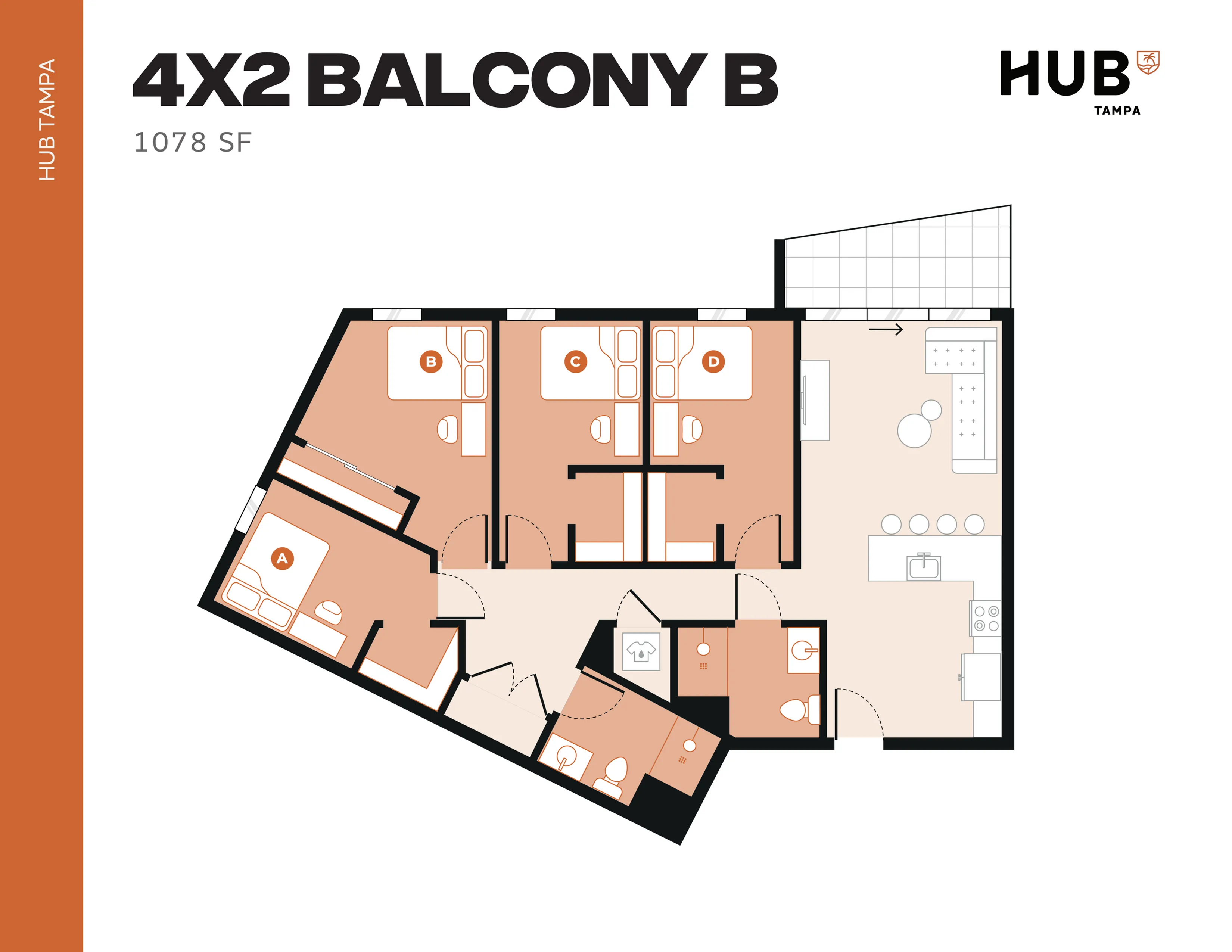 Modern 4-bedroom apartment floor plan, featuring open-concept kitchen, spacious living area, and private balcony at HUB Tampa, 1078 sq ft.