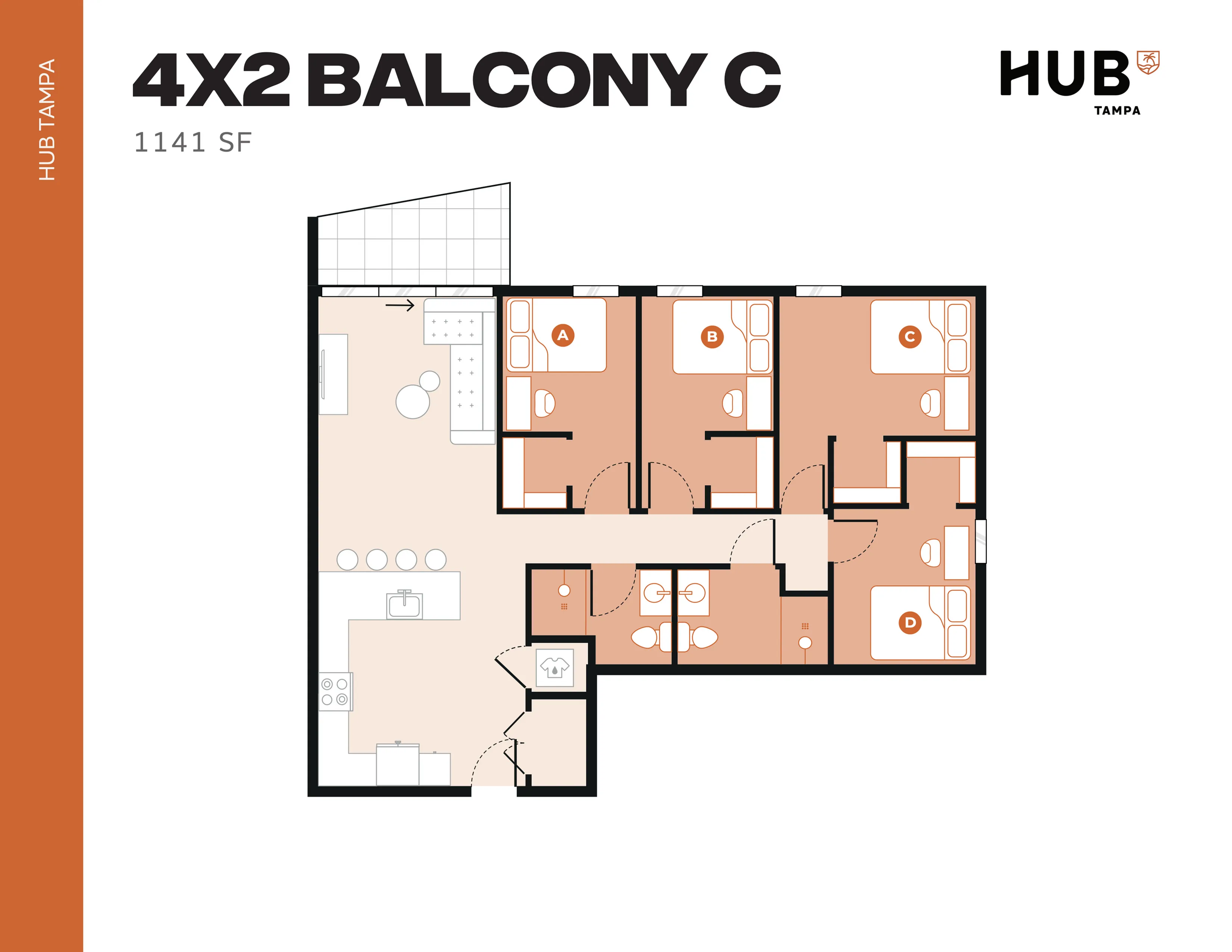Modern 4-bedroom, 2-bathroom floor plan with spacious open living area, a stylish kitchen, and a balcony, covering 1141 SF at HUB Tampa.