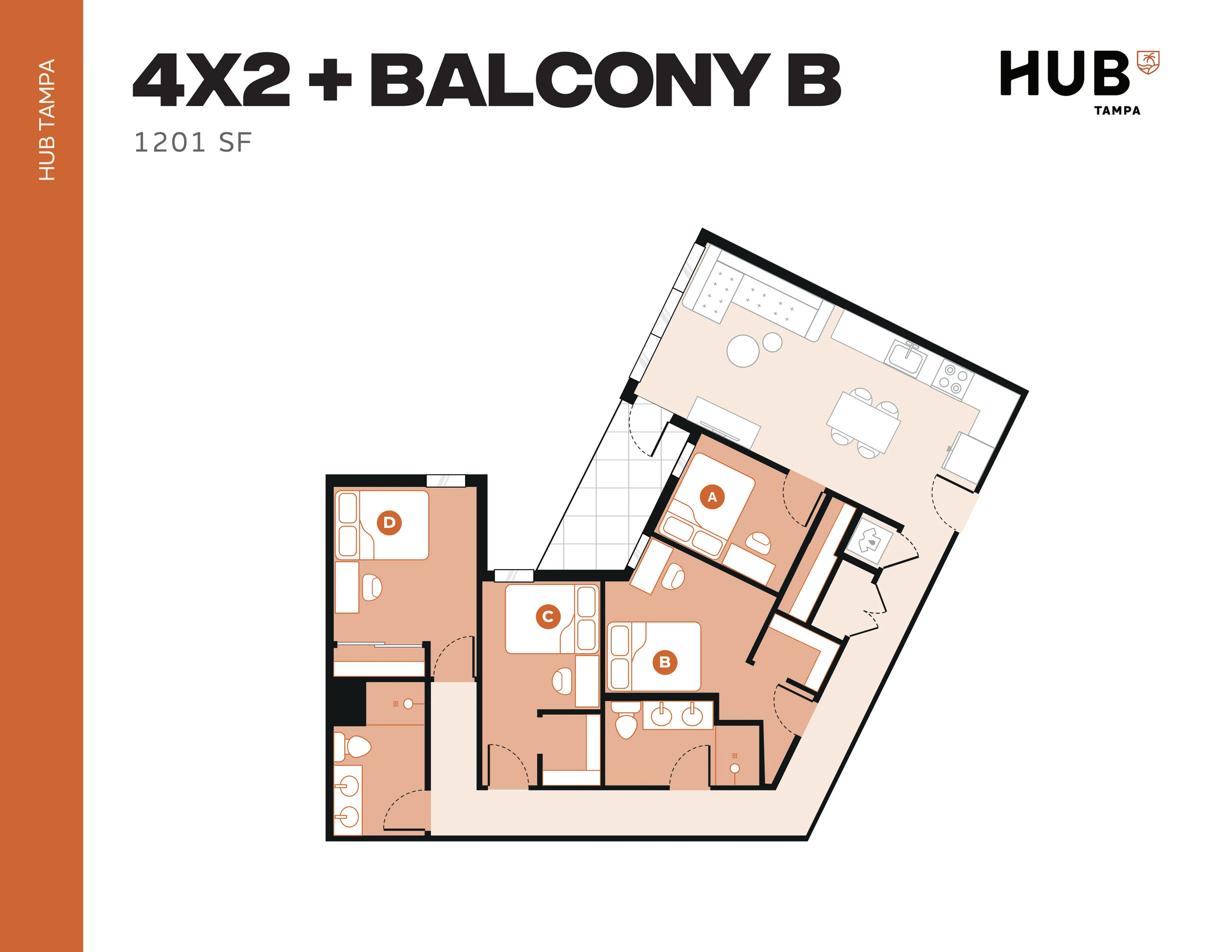 Modern 4-bedroom apartment floor plan with expansive balcony, spacious kitchen, and stylish living areas at HUB Tampa, 1201 sq ft.