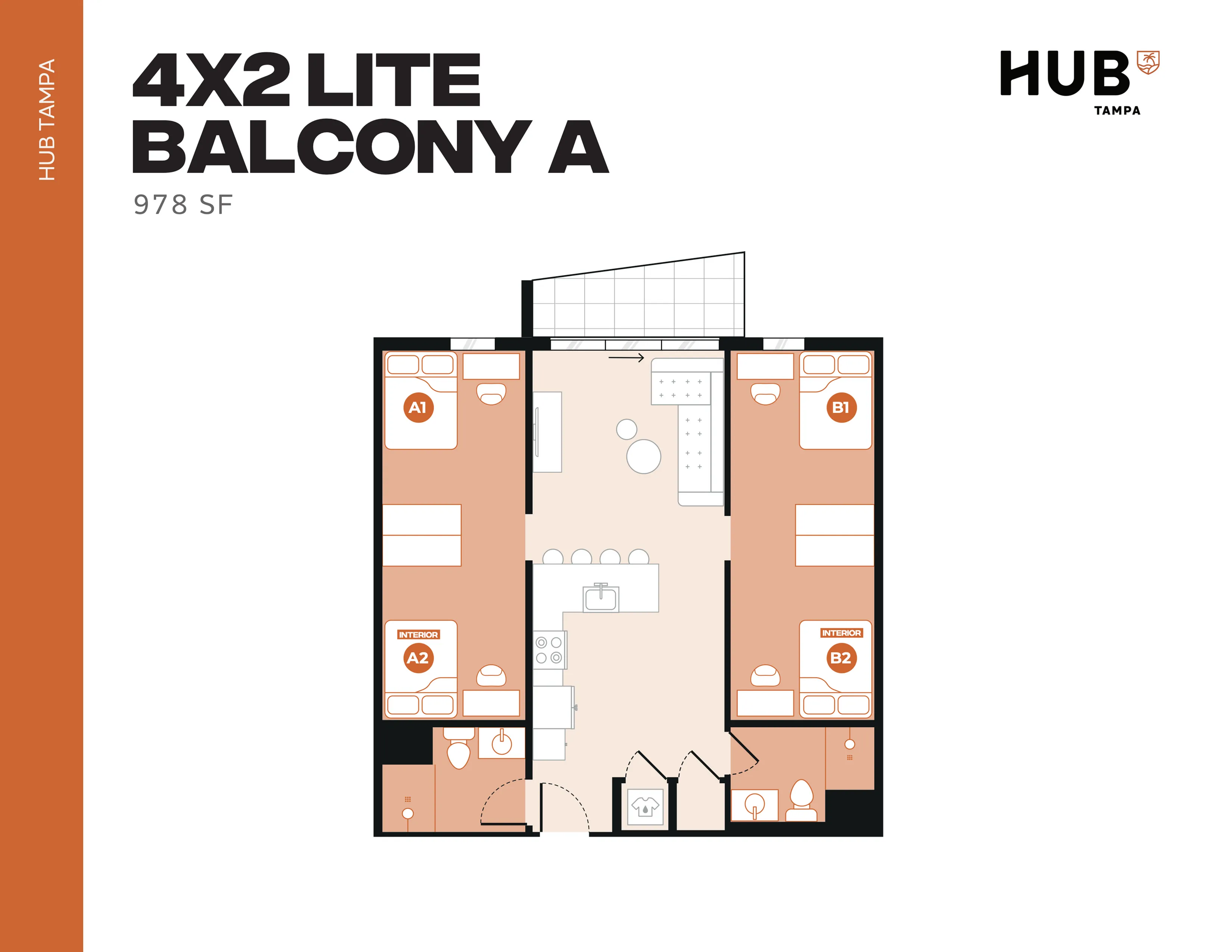 Modern 4x2 Lite floor plan with balcony featuring four bedrooms, open living space, and sleek kitchen design, 978 sq ft at HUB Tampa.