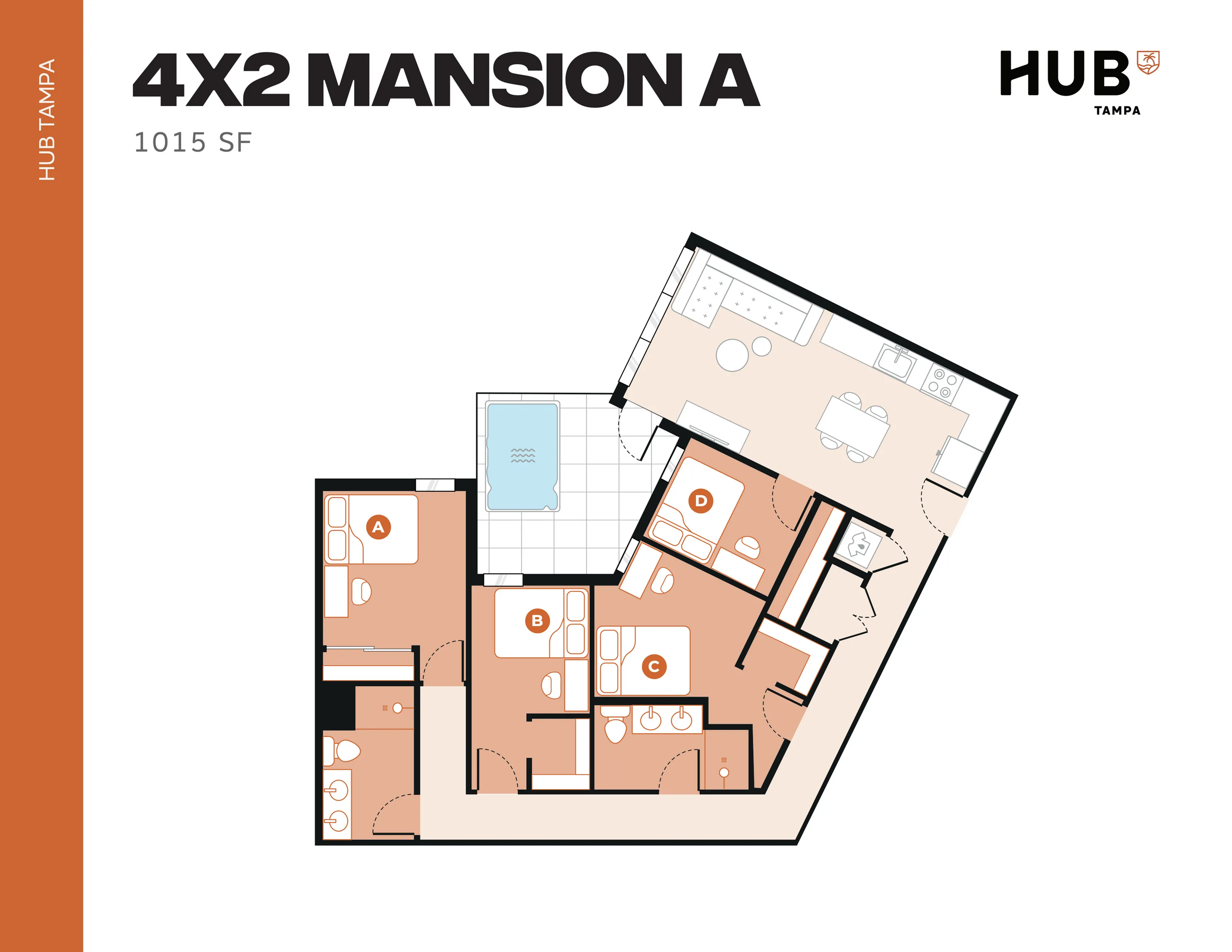 Modern 1015 SF 4X2 Mansion A floor plan featuring four bedrooms, two bathrooms, an elegant living area, and a sleek kitchen, perfect for stylish living in HUB Tampa.