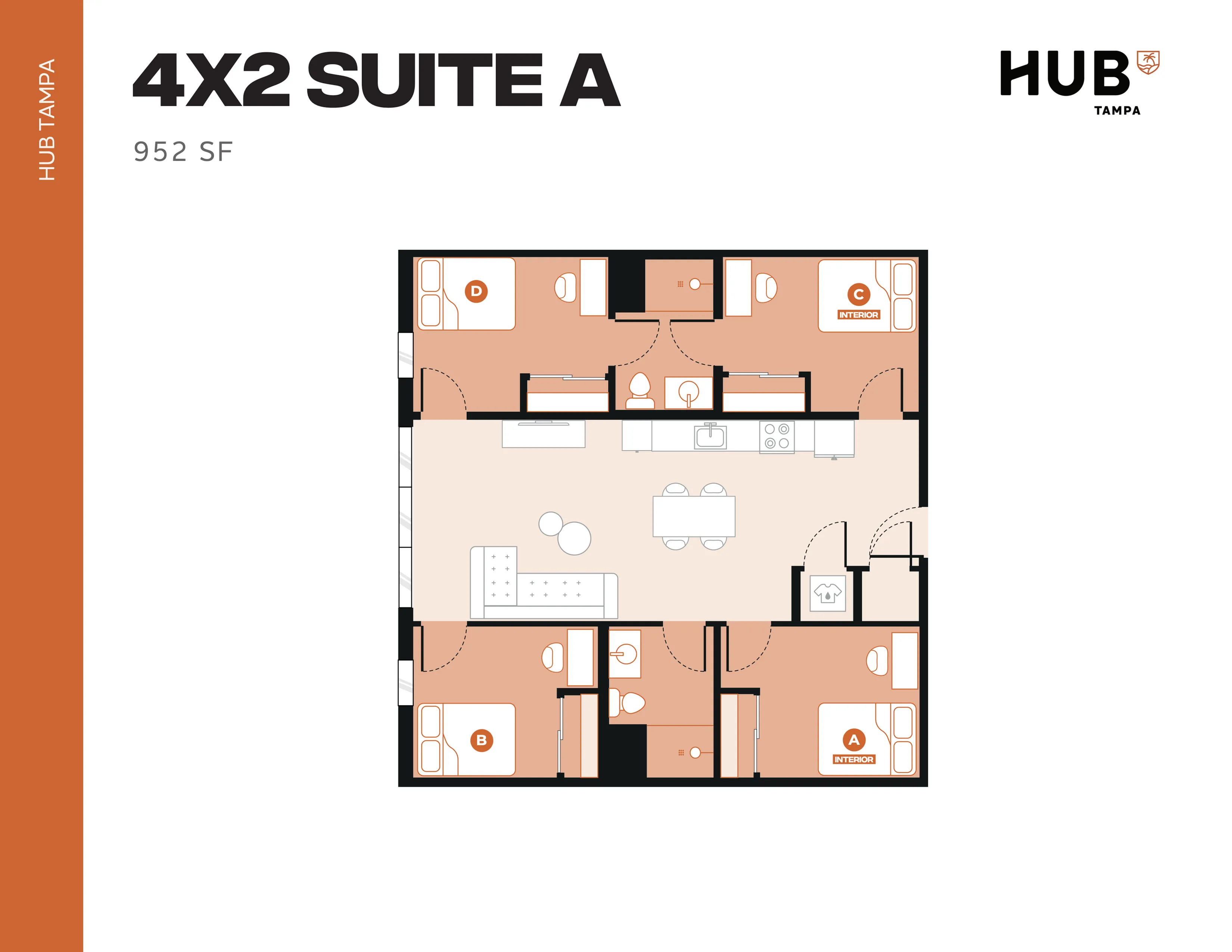 Modern 4X2 Suite A floor plan at HUB Tampa, showcasing four bedrooms, open-concept living area, and functional kitchen in 952 square feet.