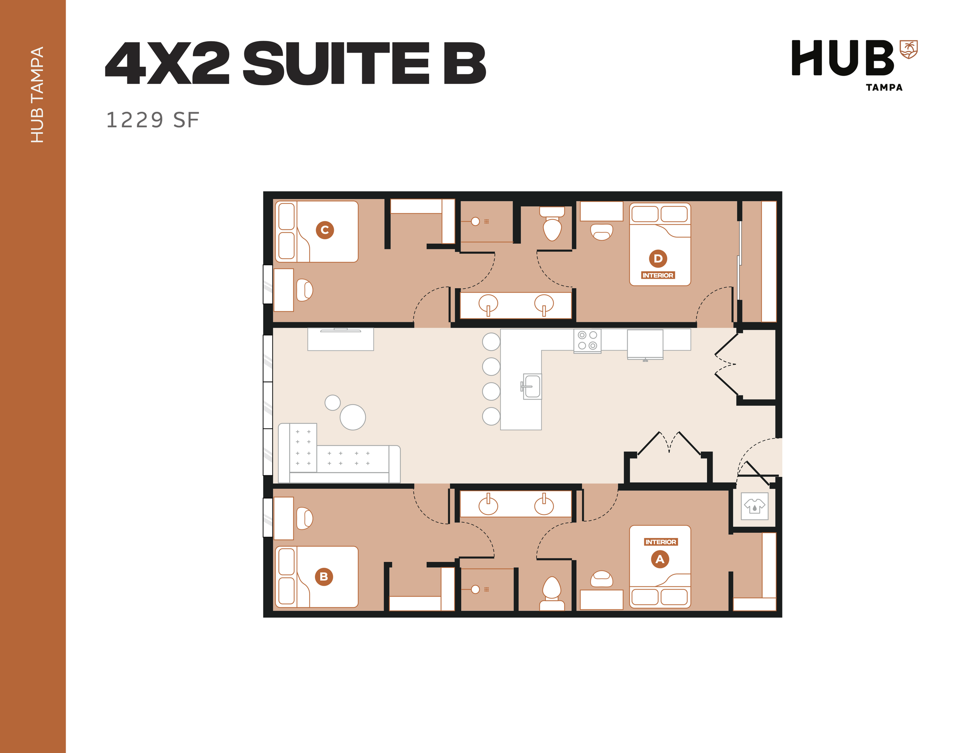 HUB Tampa 4X2 Suite B floor plan featuring four bedrooms, modern kitchen, and spacious living area at 1229 sq ft.
