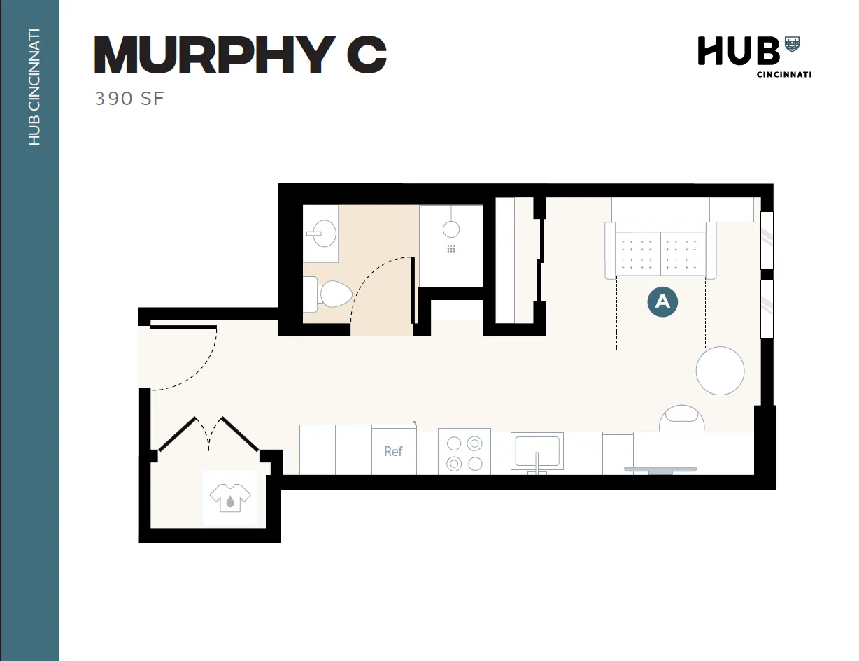 Modern Murphy C floor plan at Hub Cincinnati with 390 sq ft, featuring a spacious open area, kitchen, and a cozy bath.