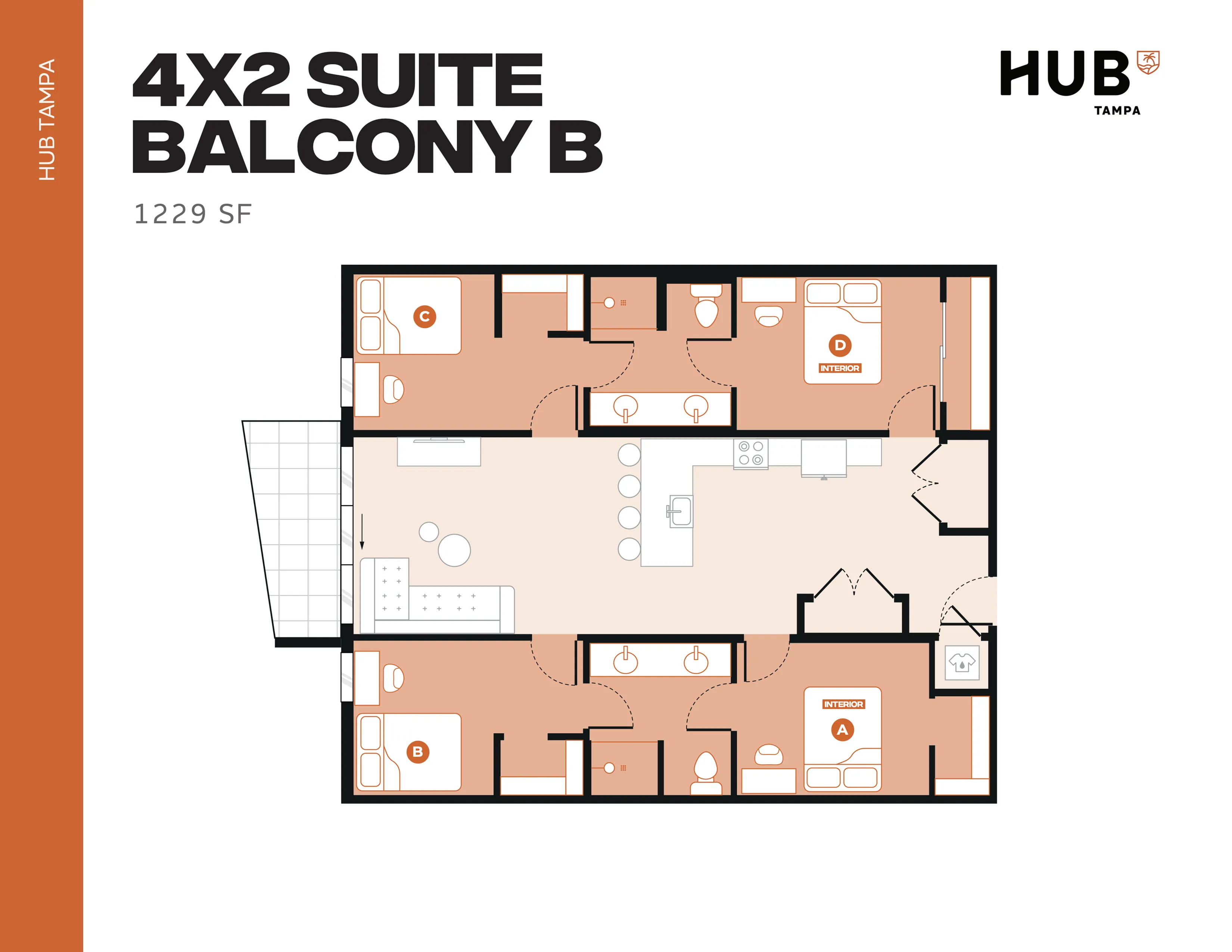 Chic floor plan of a 4-bed, 2-bath suite with balcony at Hub Tampa, featuring spacious interiors and a central kitchen area, 1229 sq ft.