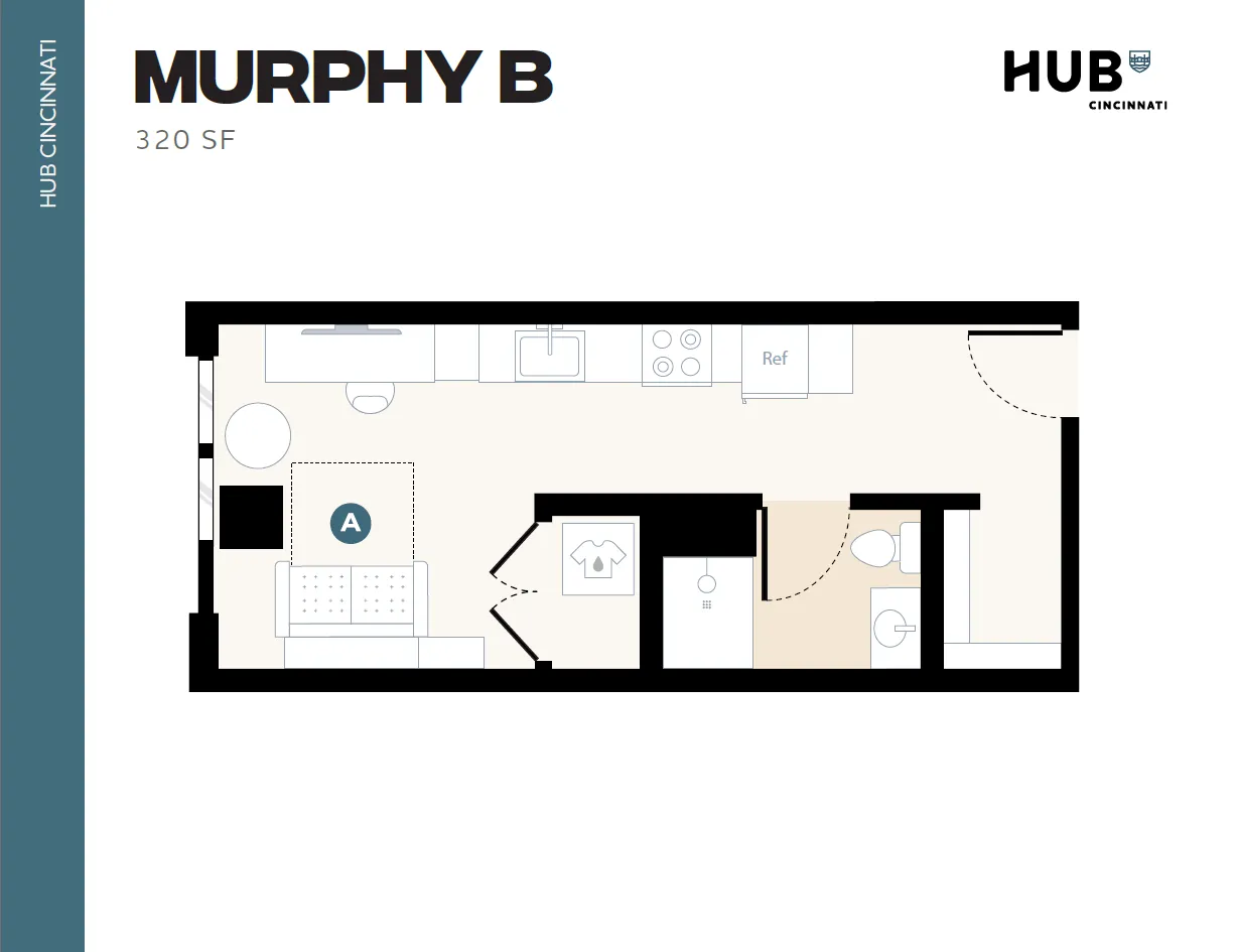 Compact Murphy B floor plan at Hub Cincinnati, featuring a modern studio layout with 320 sq ft, including a cozy living area, efficient kitchen, and a well-designed bathroom.