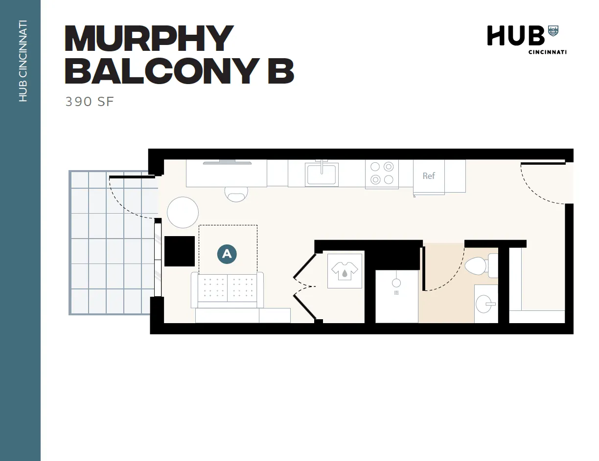 Modern floor plan for Murphy Balcony B featuring an open living area, compact kitchen, cozy sleeping space, and a stylish balcony in a 390 sq ft layout.