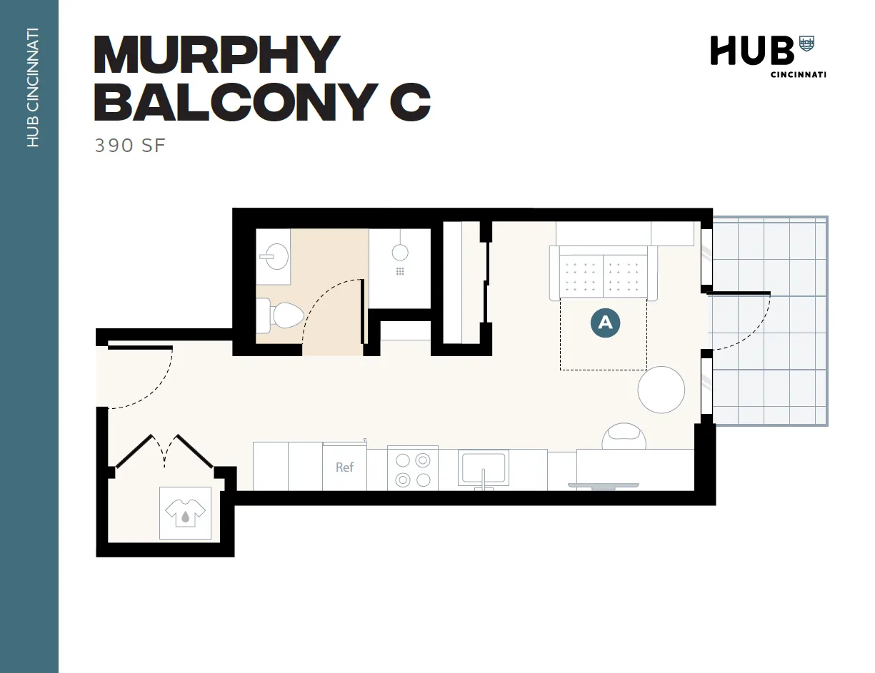 Chic Murphy Balcony C floor plan with a modern open living area, compact kitchen, and private balcony, offering 390 sq ft of smart urban living in Hub Cincinnati.