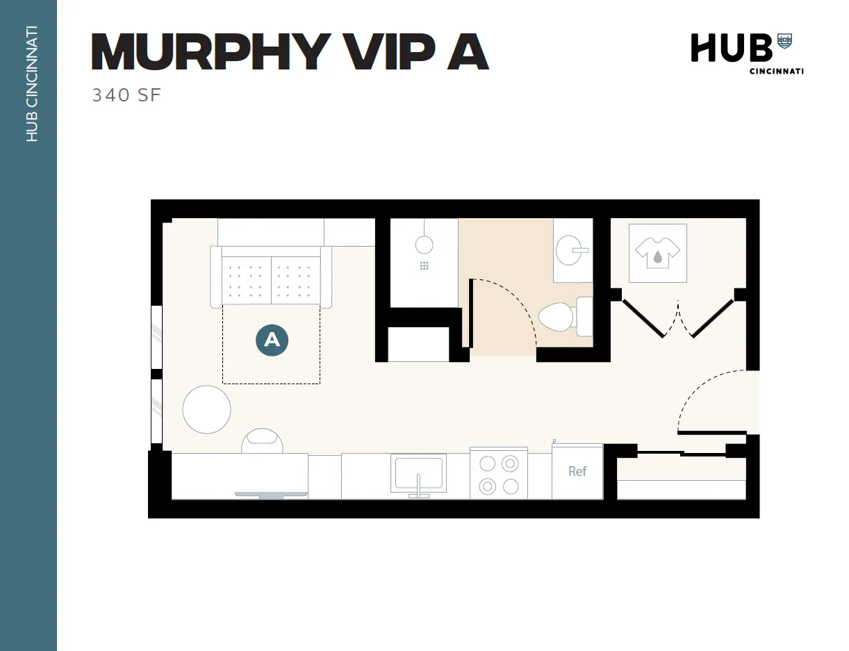 Compact Murphy VIP A floor plan at Hub Cincinnati, featuring 340 sq ft of modern living space with a cozy living room, efficient kitchen, and sleek bathroom.
