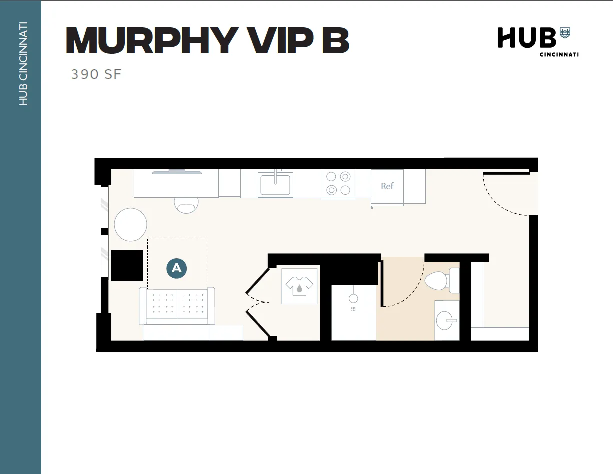 Modern studio floor plan named Murphy VIP B with 390 sq ft, featuring an open layout with a kitchen, living area, and a private bathroom, located in Hub Cincinnati.