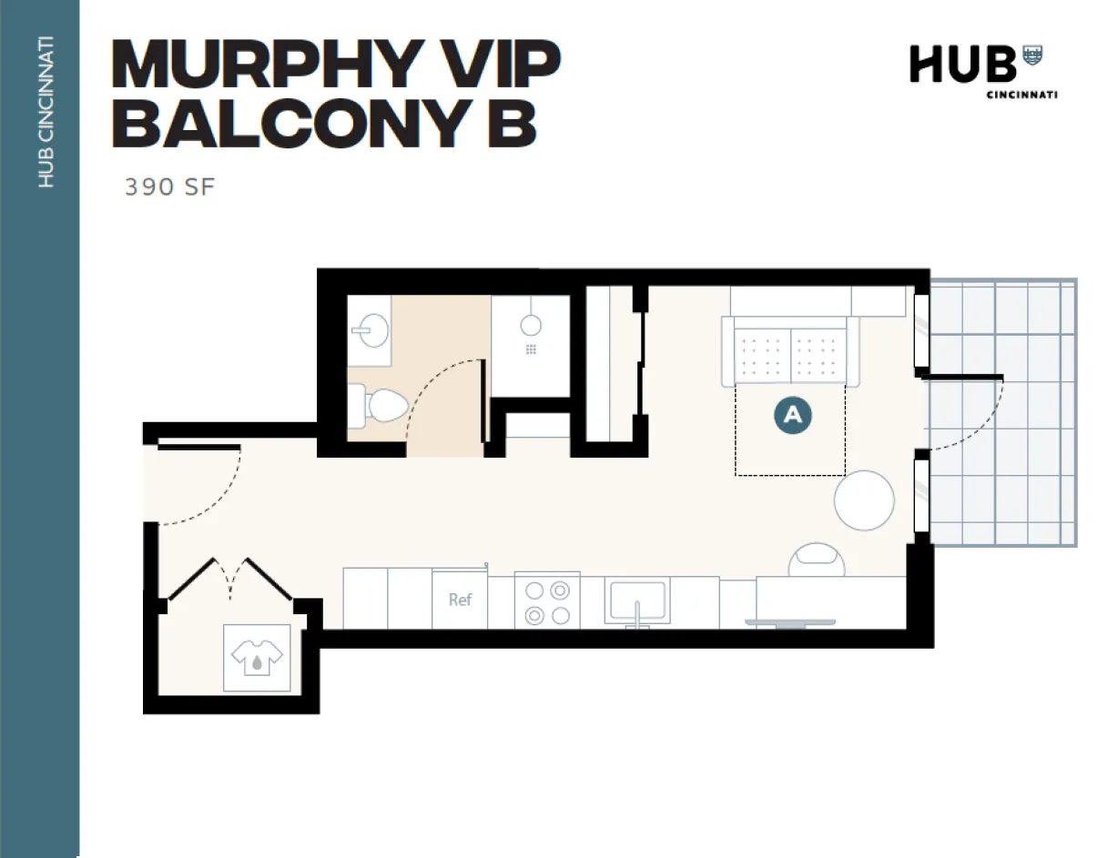 Contemporary floor plan of Murphy VIP Balcony B at Hub Cincinnati, showcasing an efficient 390 SF layout with a cozy living area, kitchen, integrated washer/dryer, and private balcony.