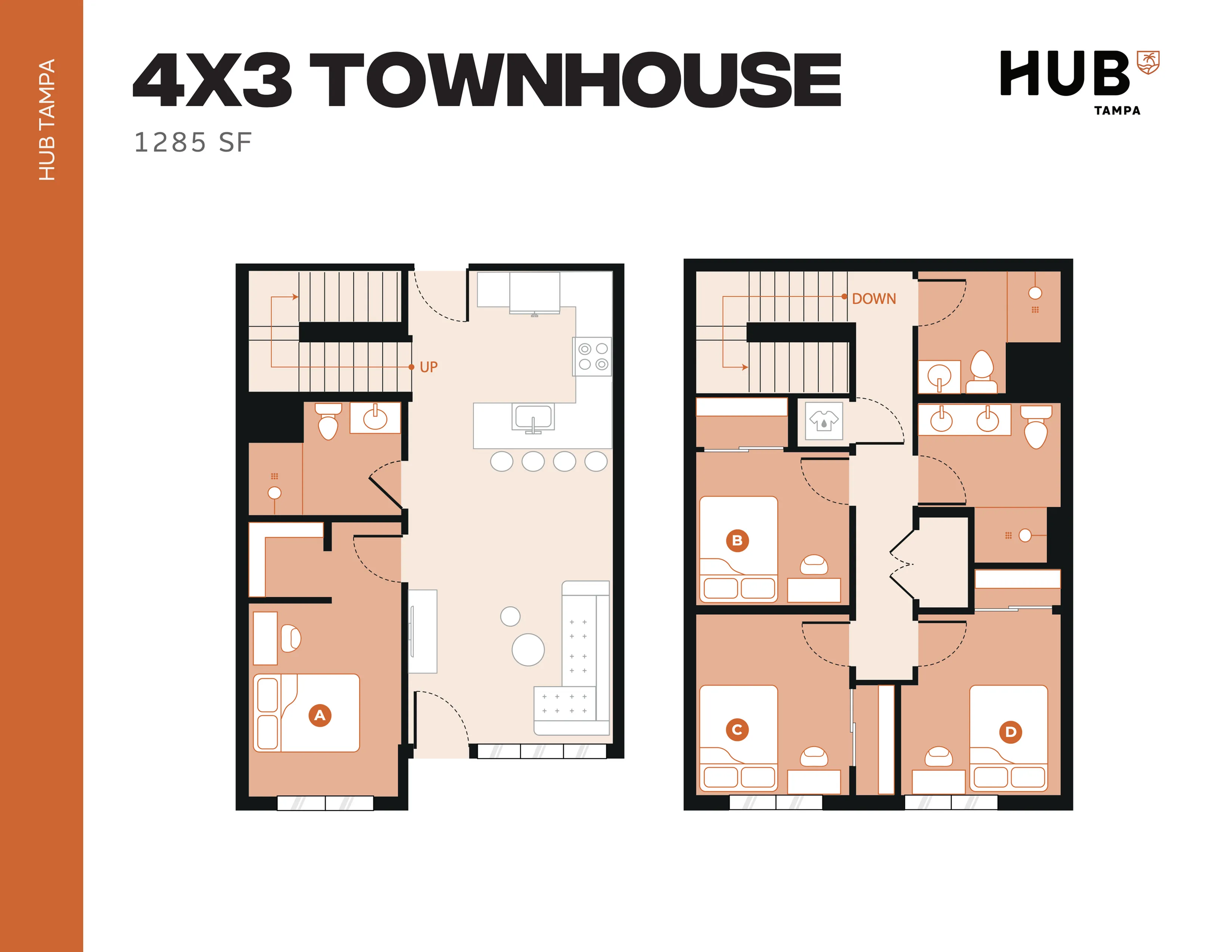 Modern 4X3 townhouse floor plan at HUB Tampa featuring a spacious layout with 4 bedrooms, open-plan living and dining areas, and contemporary fittings across 1285 SF.