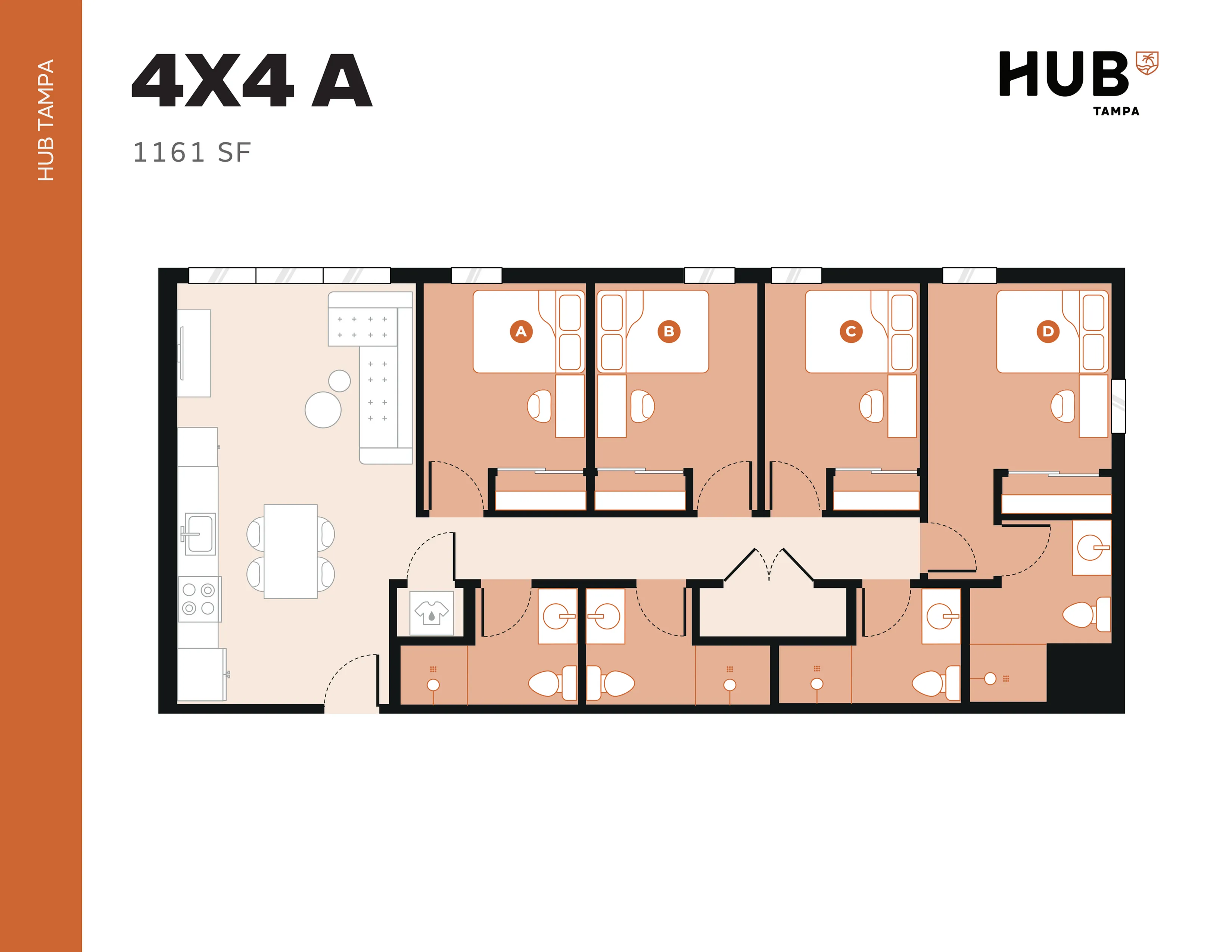 Modern 4X4 A floor plan at HUB Tampa with 4 bedrooms, spacious living area, and kitchen, totaling 1161 sq ft.