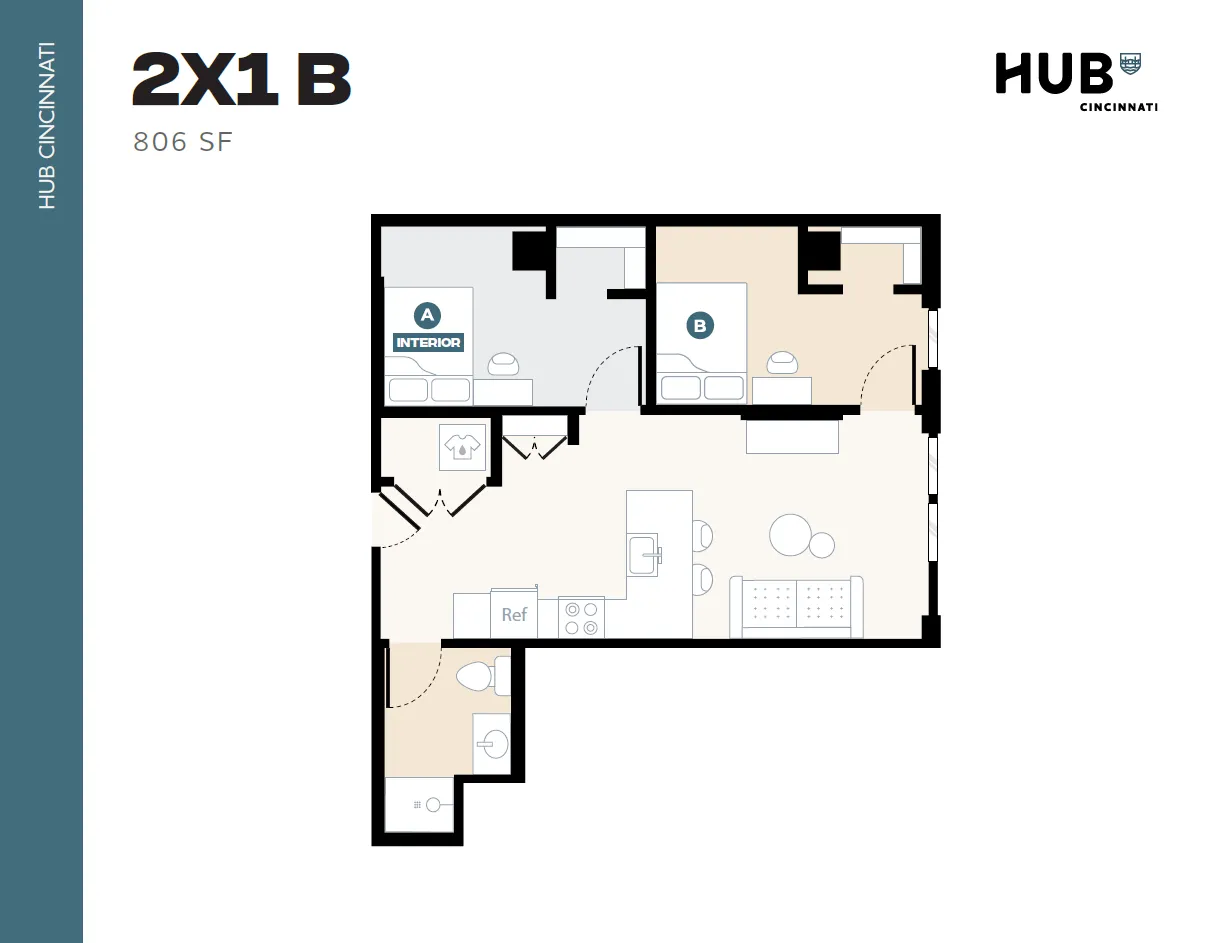 Modern 2X1 B floor plan featuring two cozy bedrooms, an open kitchen, inviting living area, and efficient layout at Hub Cincinnati, 806 SF.