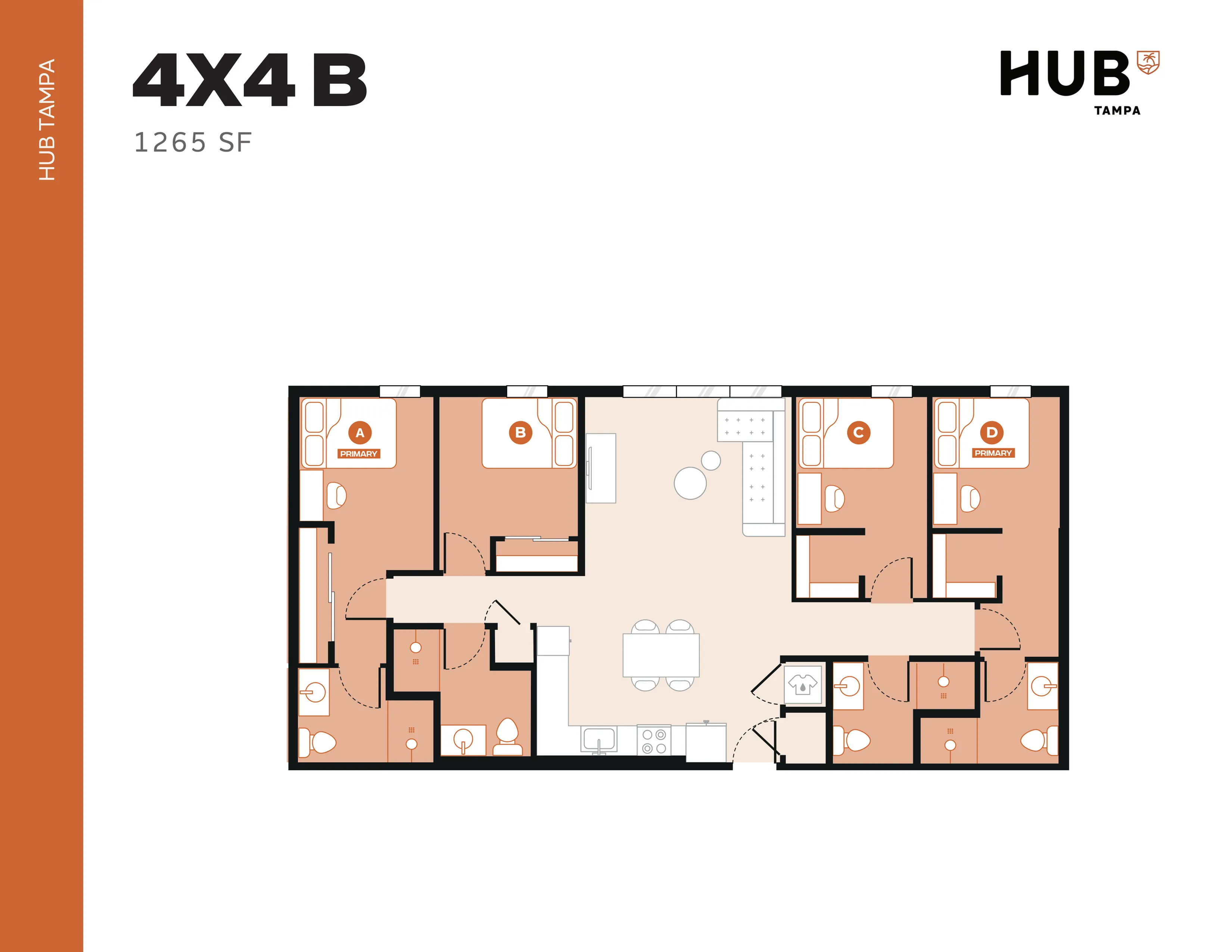 HUB Tampa modern 4X4 B floor plan featuring 4 bedrooms, expansive living area, and a fully equipped kitchen, spanning 1265 sq ft.