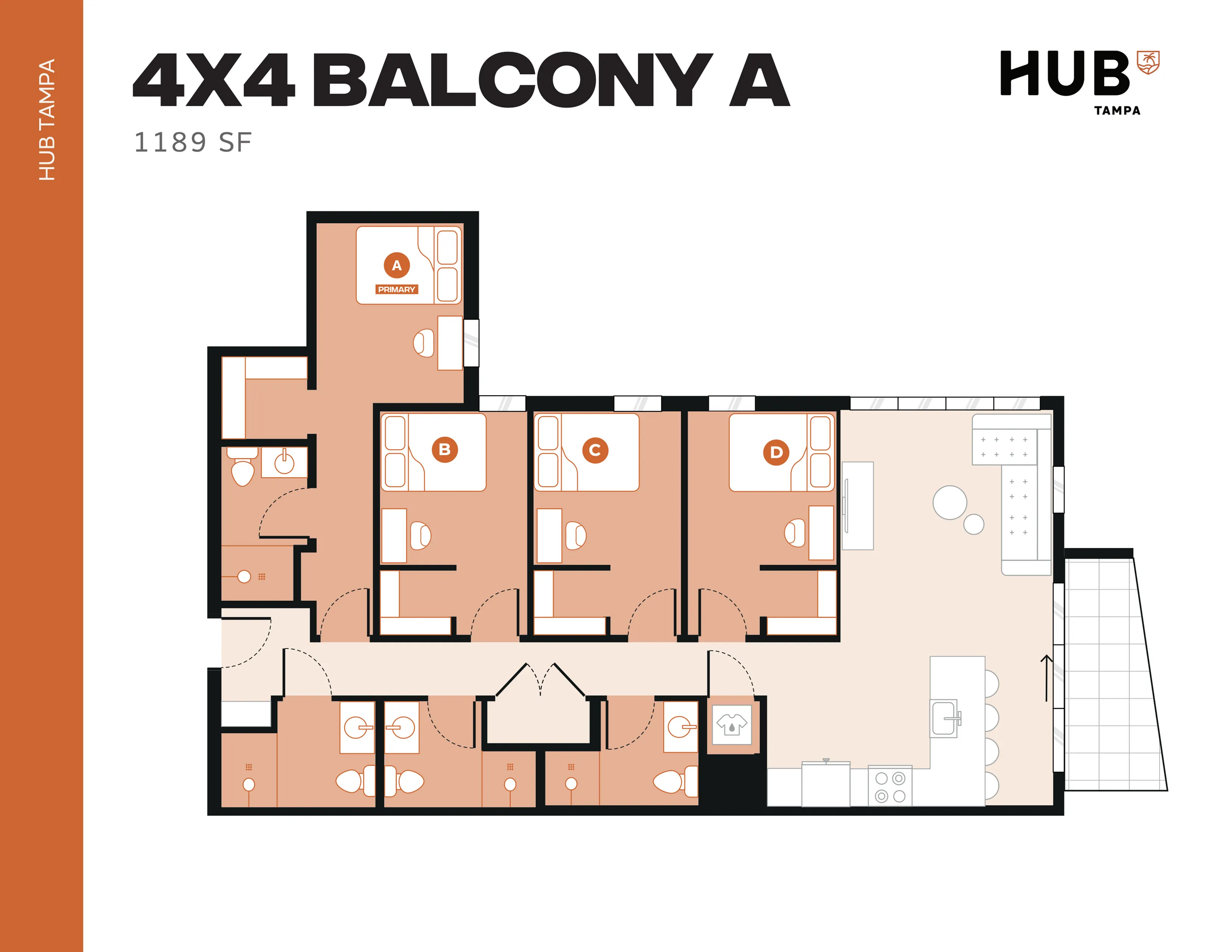 Modern 4x4 Balcony A floor plan with 4 spacious bedrooms, open dining and living area, and expansive balcony, 1189 SF.