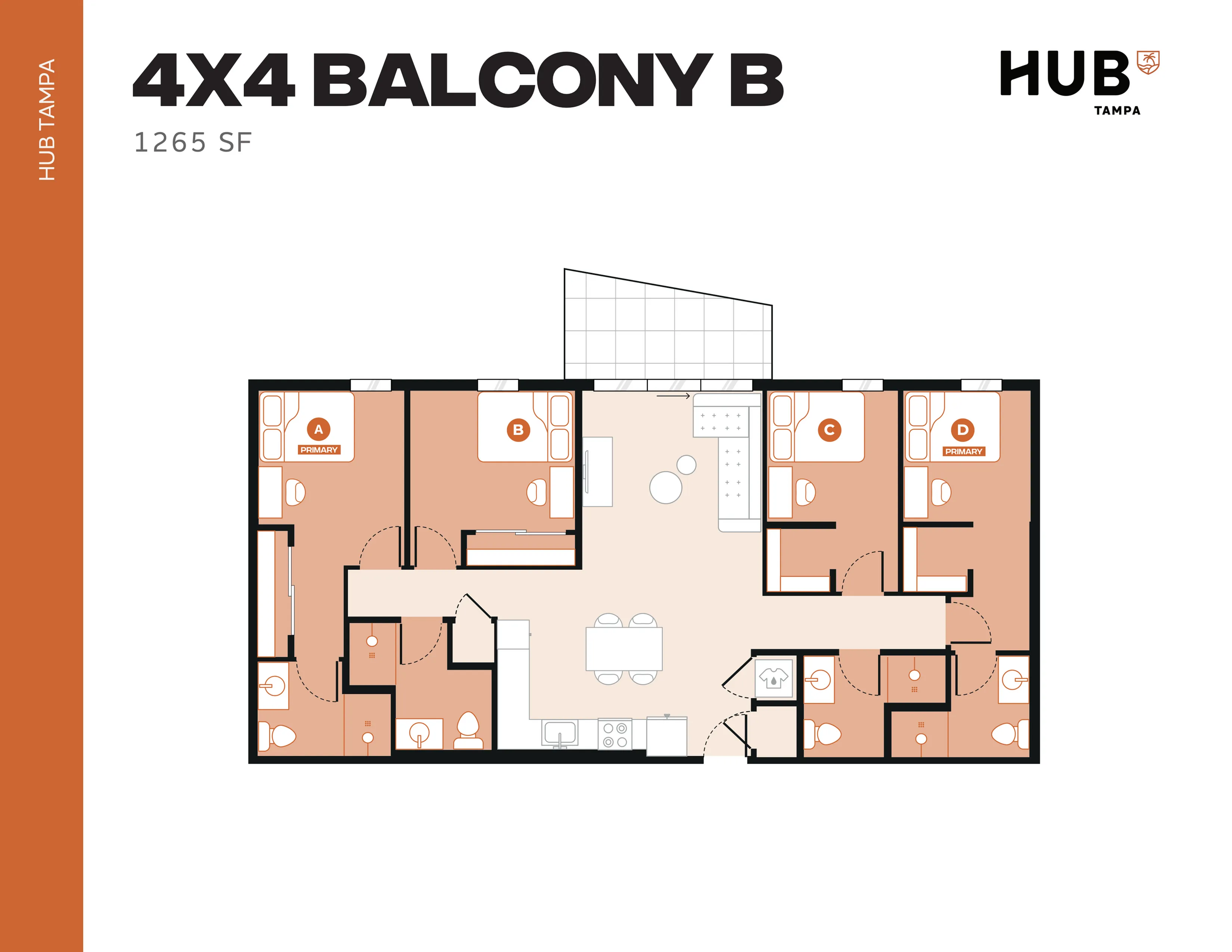 Hub Tampa floor plan showcasing a 4x4 balcony layout with 4 bedrooms, spacious living area, modern kitchen, and 1265 square feet of living space.