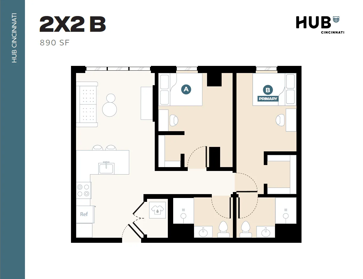 Modern 2x2B floor plan at HUB Cincinnati, featuring two bedrooms, two bathrooms, and a cozy living area, spanning 890 sq ft.
