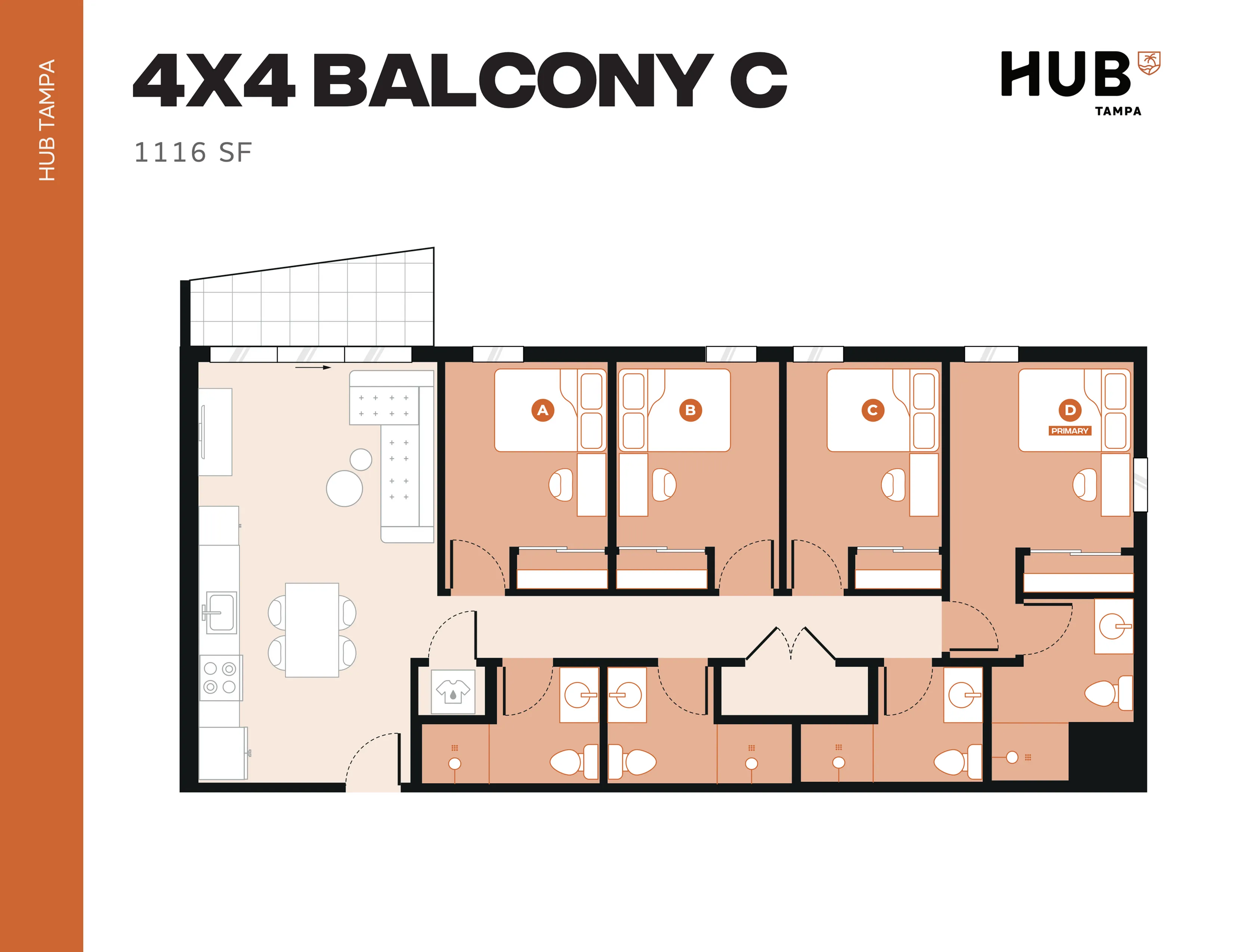 Modern 4-bedroom apartment floor plan at Hub Tampa, featuring spacious living area, open kitchen, and 1116 sq ft balcony space.