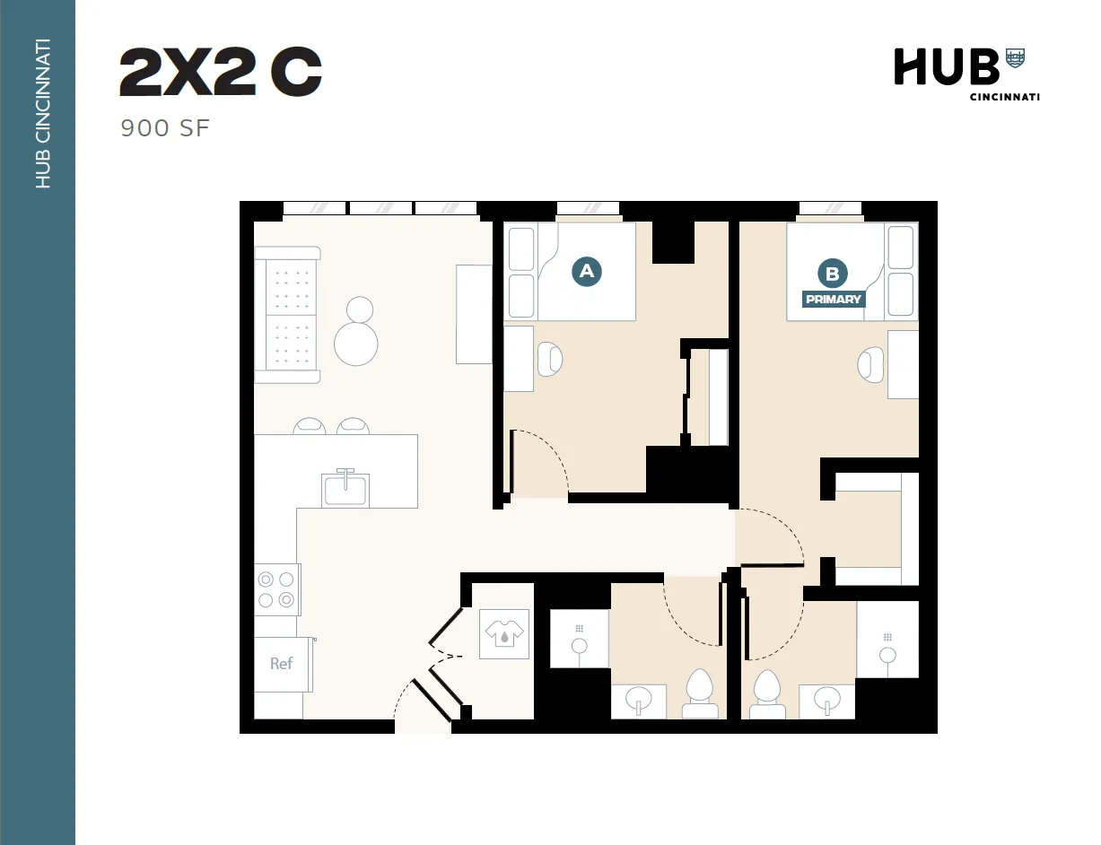 Modern 2X2C floor plan featuring two cozy bedrooms, a spacious living area, and a sleek kitchen in 900 sq ft, located at HUB Cincinnati.