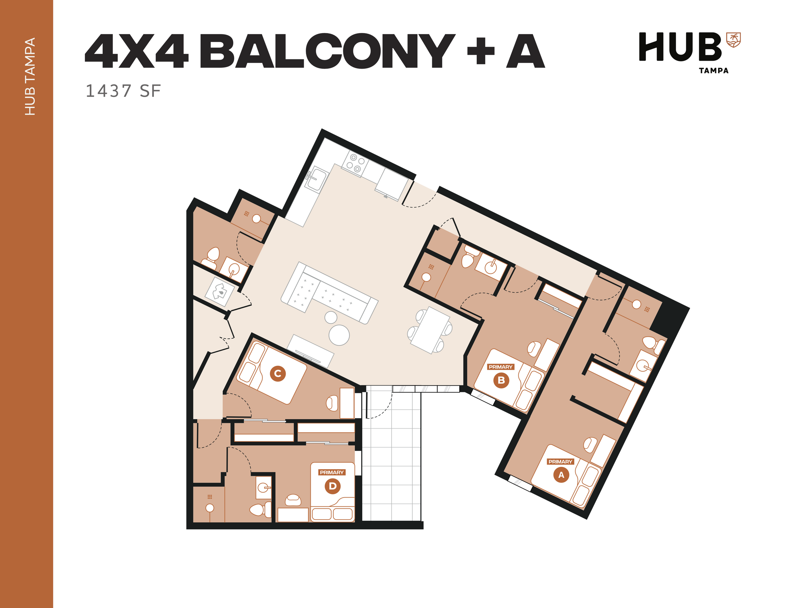 Modern 4x4 floor plan layout featuring spacious balcony, 4 bedrooms with private bathrooms, and open living area in Hub Tampa, 1437 sq ft.